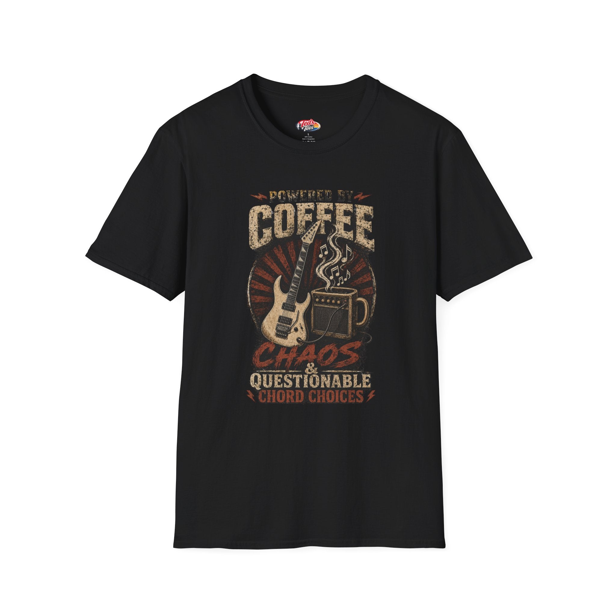 Coffee Powered Guitar T-Shirt — "Powered by Coffee, Chaos & Questionable Chord Choices"