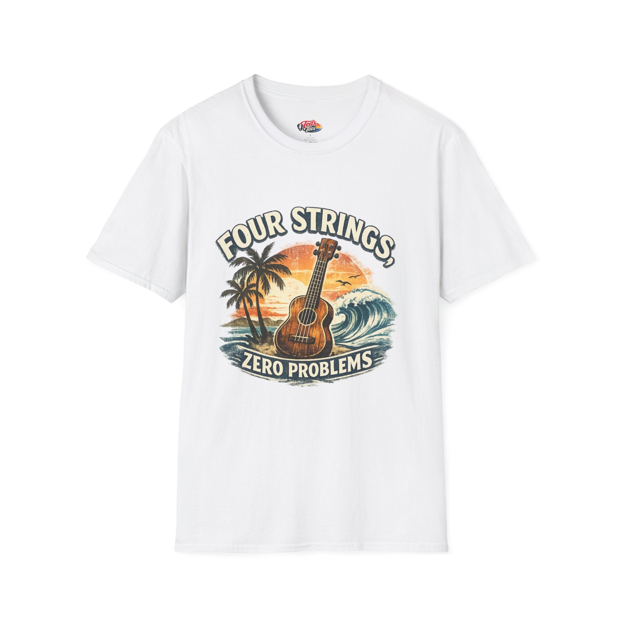 Ukulele T‑Shirt — "Four Strings, Zero Problems" Sunset Surf Graphic