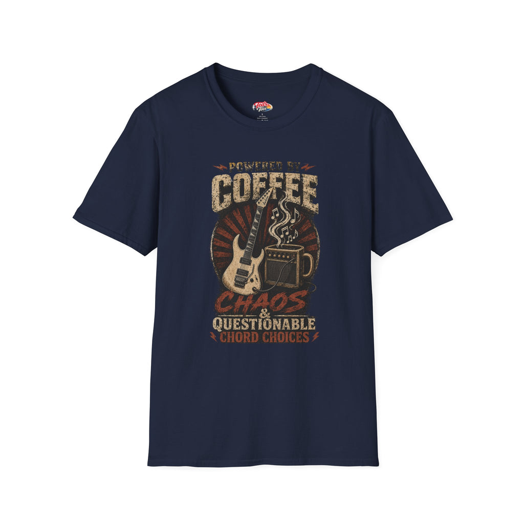 Coffee Powered Guitar T-Shirt — "Powered by Coffee, Chaos & Questionable Chord Choices"