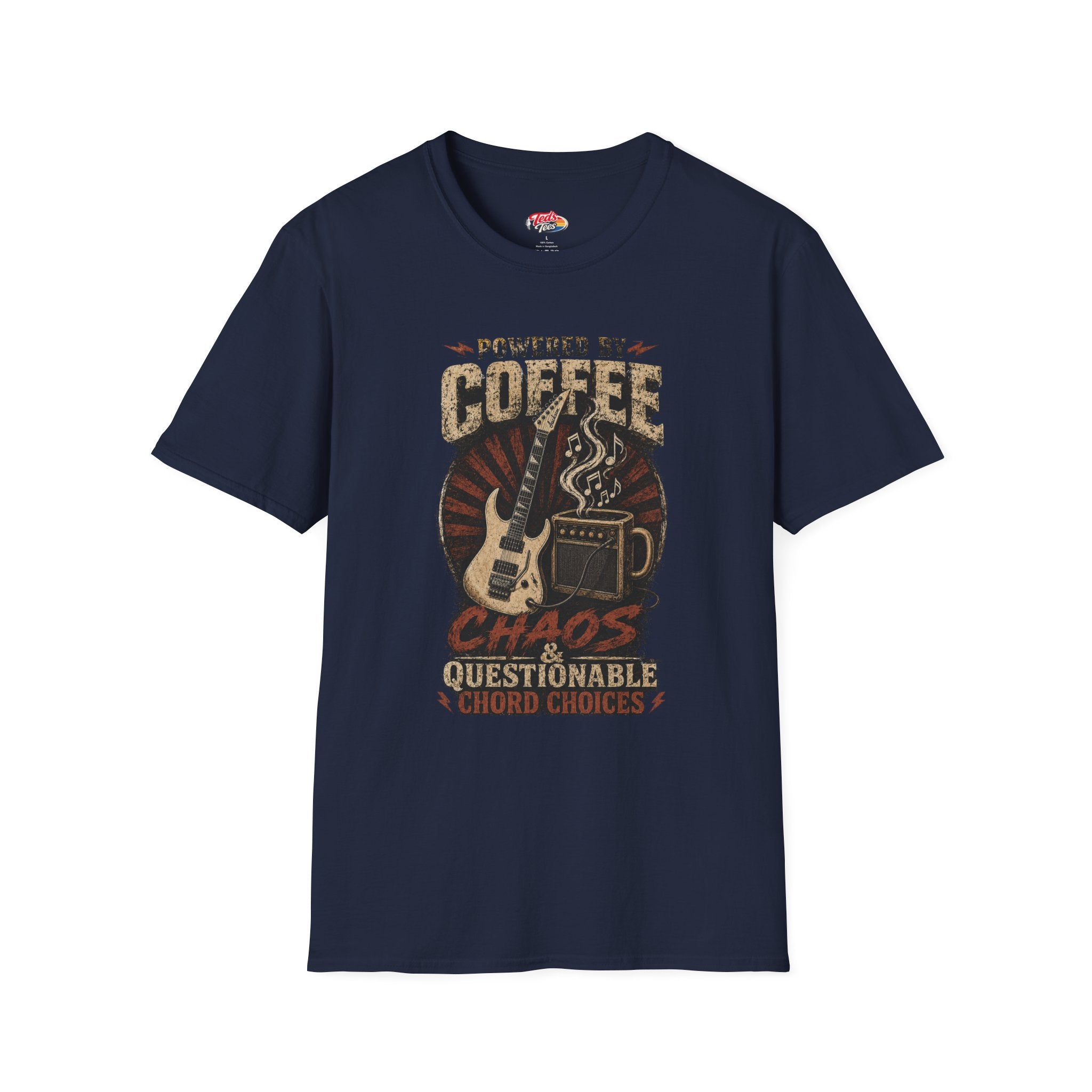 Coffee Powered Guitar T-Shirt — "Powered by Coffee, Chaos & Questionable Chord Choices"