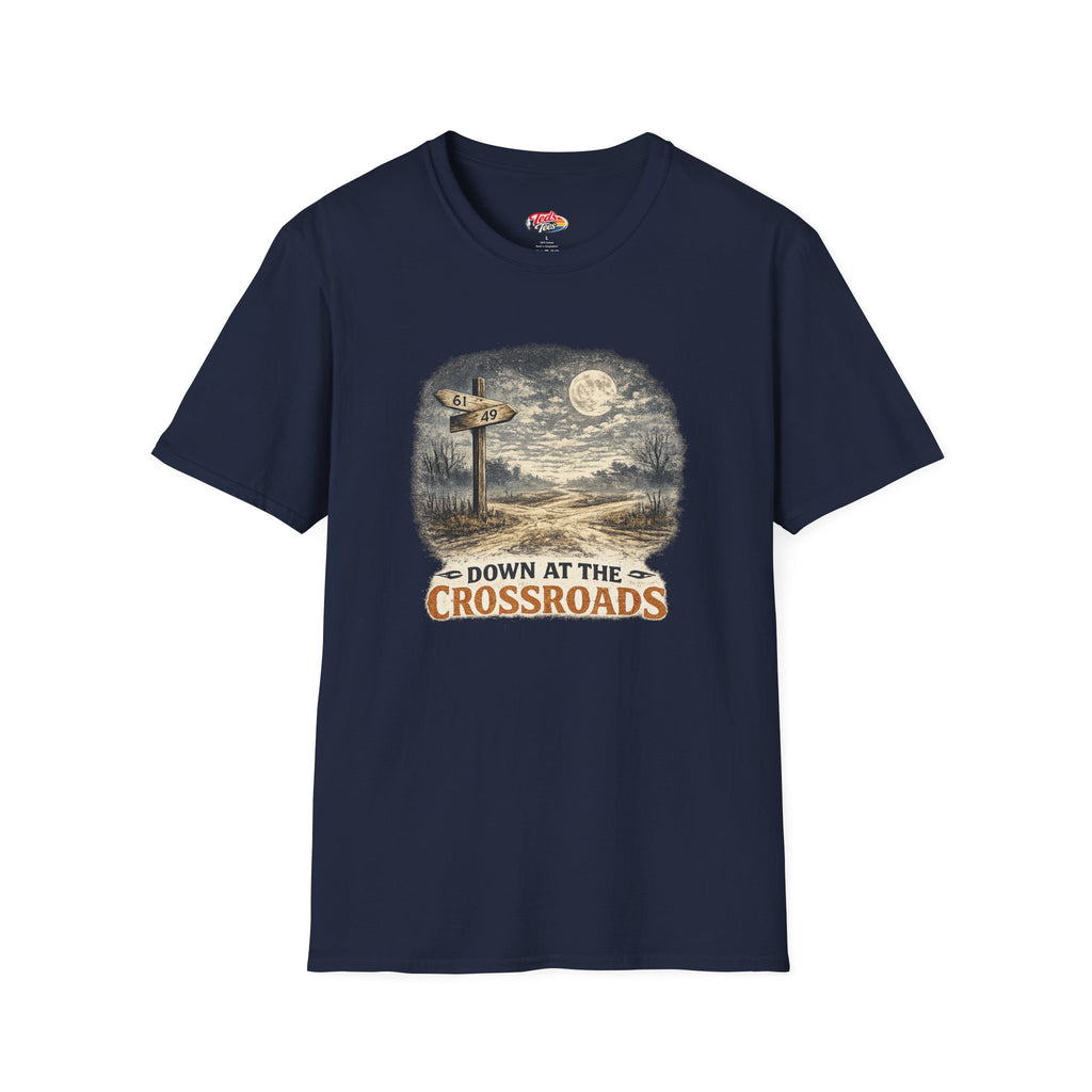 T-Shirt — "Down at the Crossroads" Vintage Moonlit Road Sign Graphic