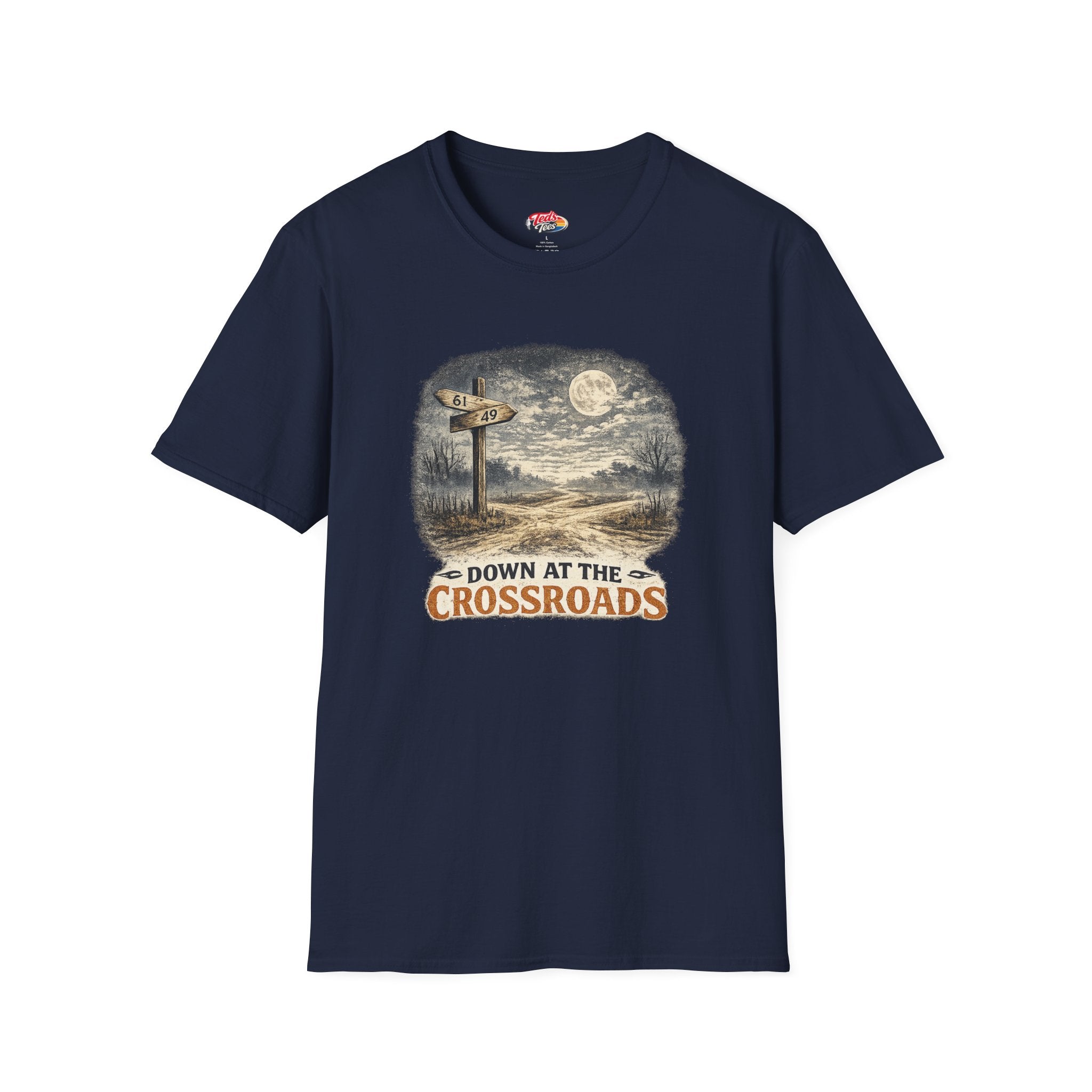 T-Shirt — "Down at the Crossroads" Vintage Moonlit Road Sign Graphic