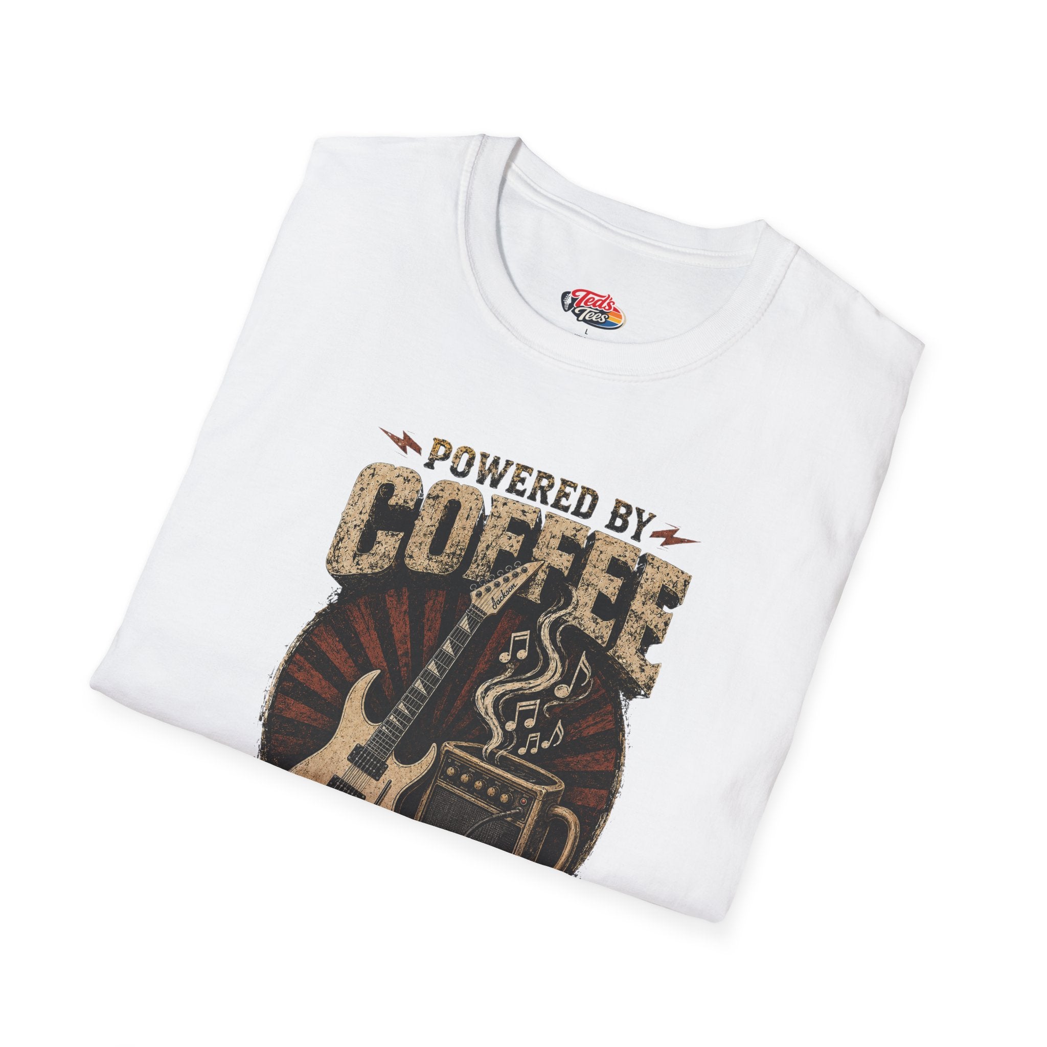 Coffee Powered Guitar T-Shirt — "Powered by Coffee, Chaos & Questionable Chord Choices"