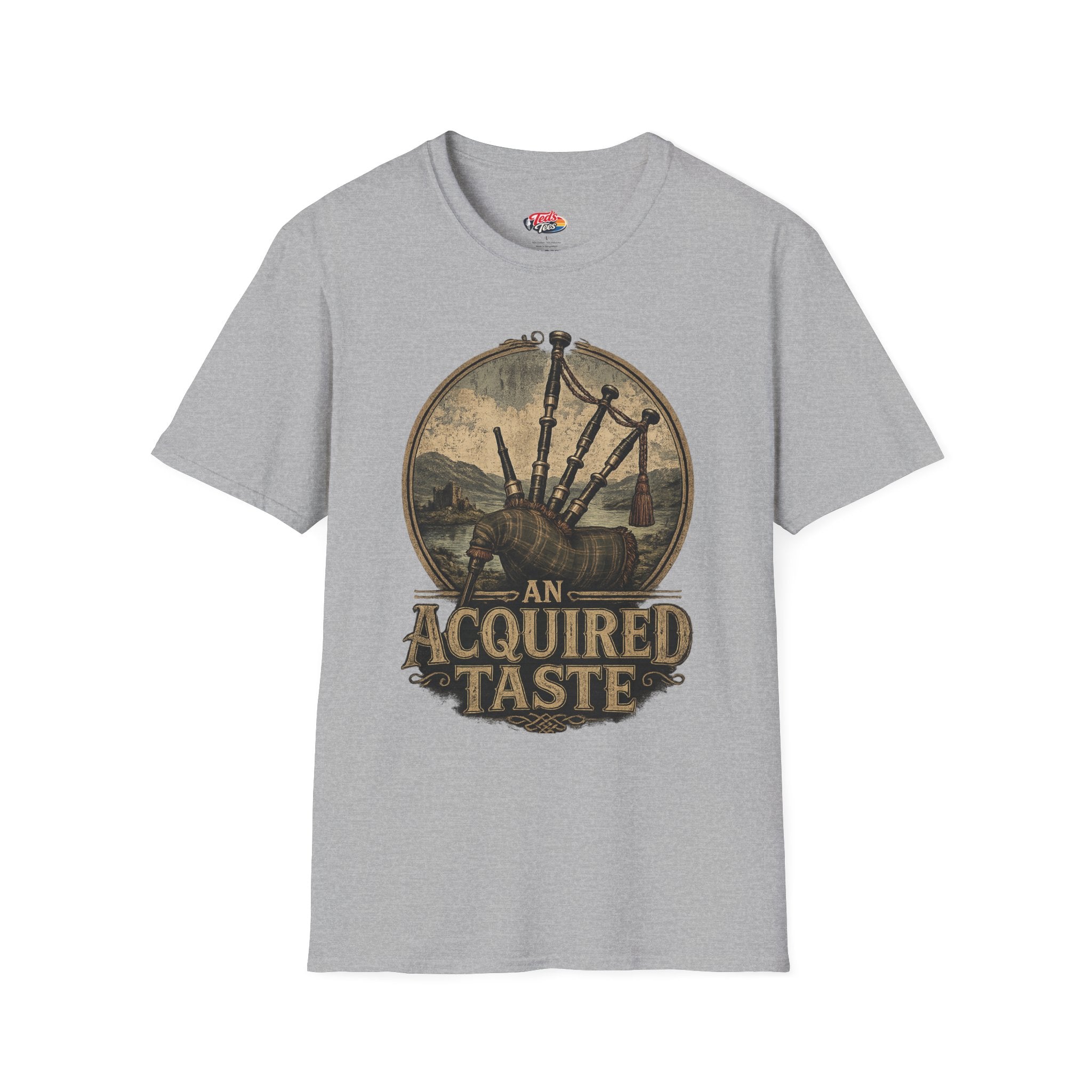 Bagpipes Vintage Graphic Tee — “An Acquired Taste” Scottish Music T-Shirt