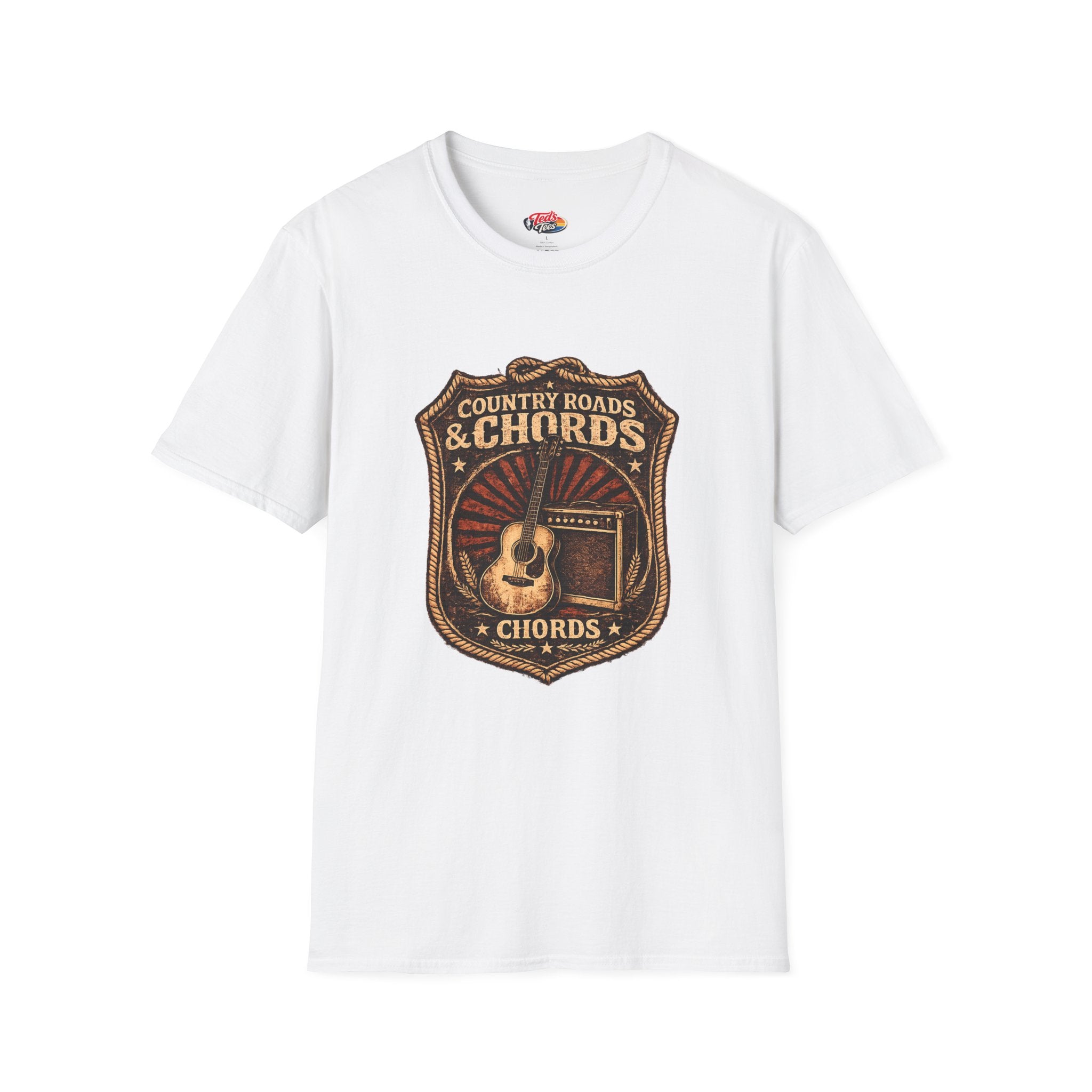 Country Roads & Chords T-Shirt — Vintage Acoustic Guitar Tee