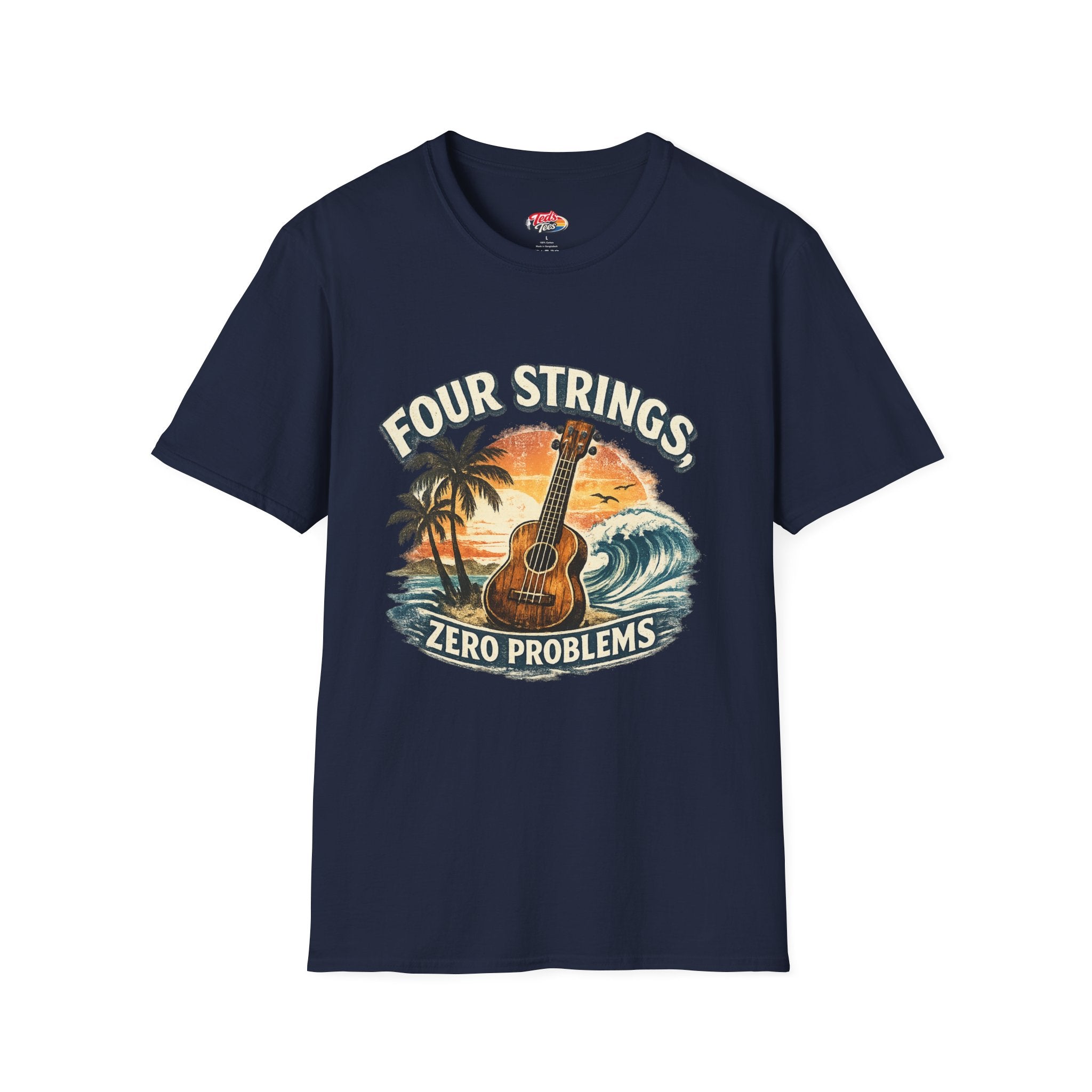 Ukulele T‑Shirt — "Four Strings, Zero Problems" Sunset Surf Graphic