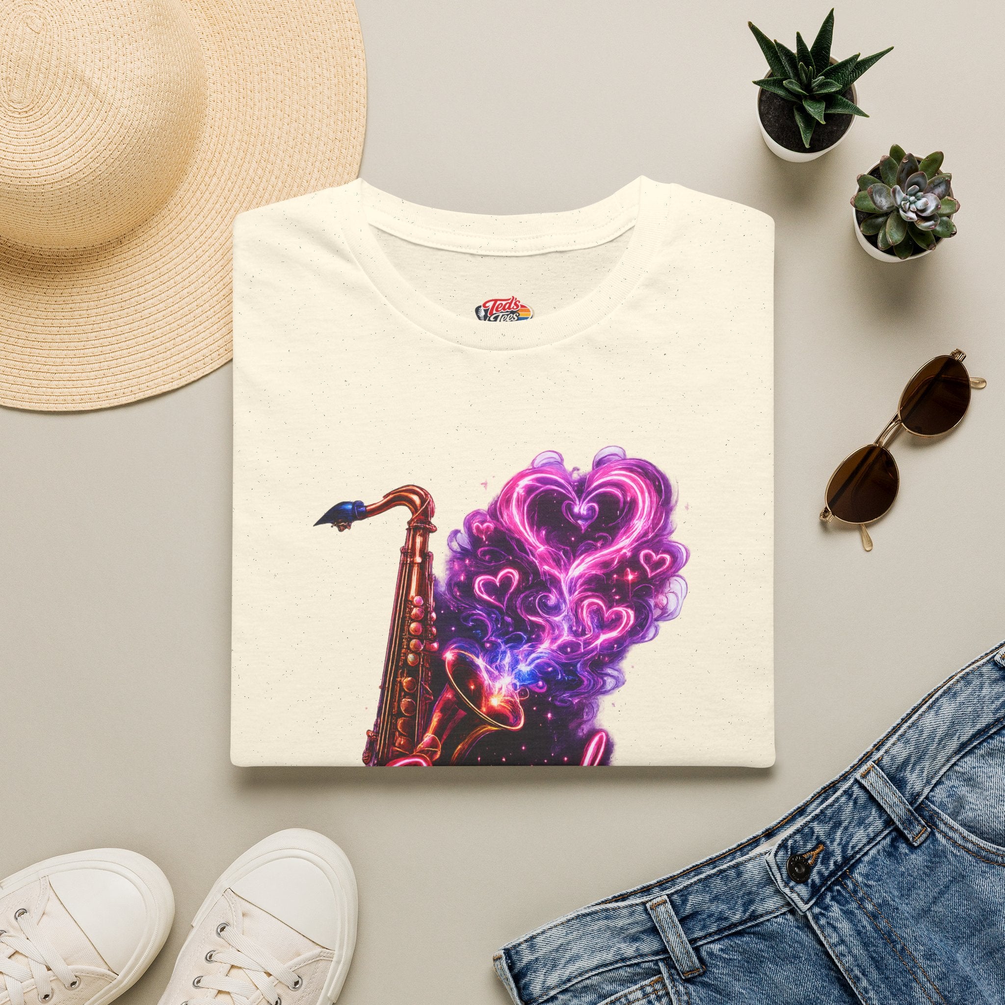 Saxual Healing T-Shirt — Neon Saxophone Heart Music Tee