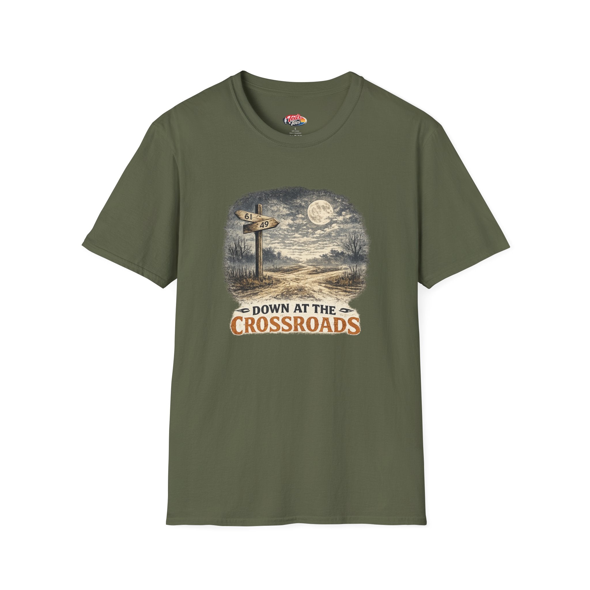 T-Shirt — "Down at the Crossroads" Vintage Moonlit Road Sign Graphic