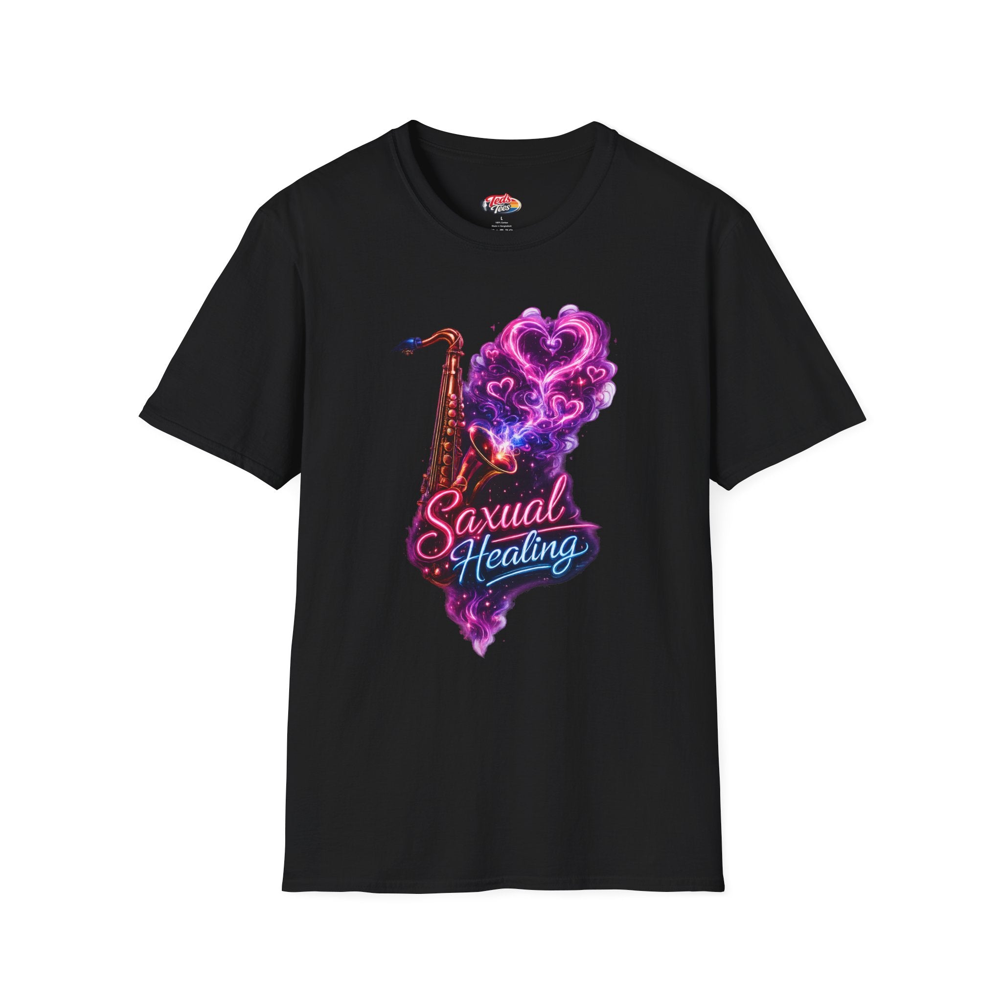 Saxual Healing T-Shirt — Neon Saxophone Heart Music Tee