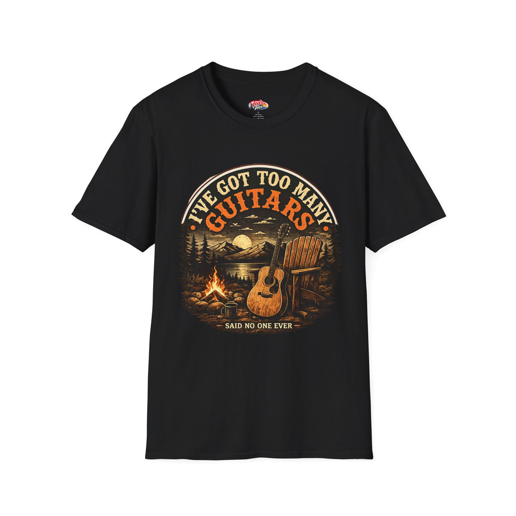 Guitar Lover T-Shirt — "I've Got Too Many Guitars" Vintage Campfire Design