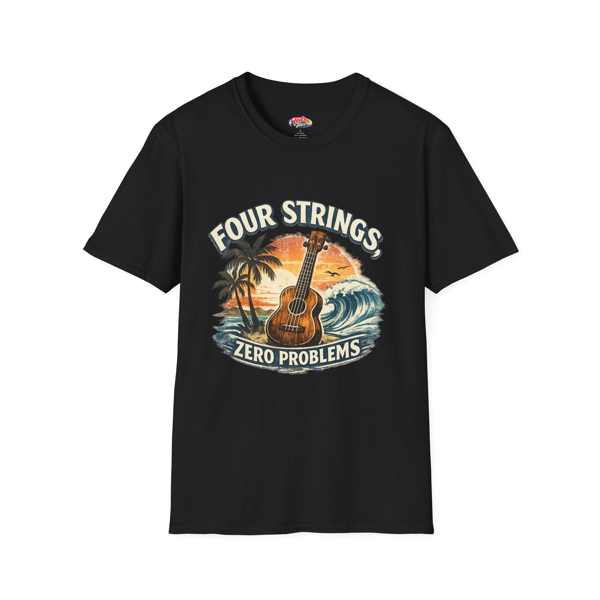 Ukulele T‑Shirt — "Four Strings, Zero Problems" Sunset Surf Graphic