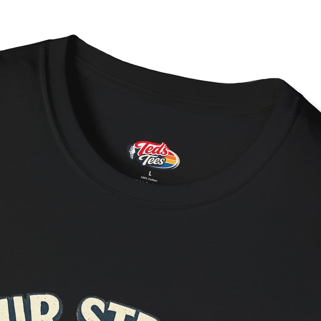 Ukulele T‑Shirt — "Four Strings, Zero Problems" Sunset Surf Graphic