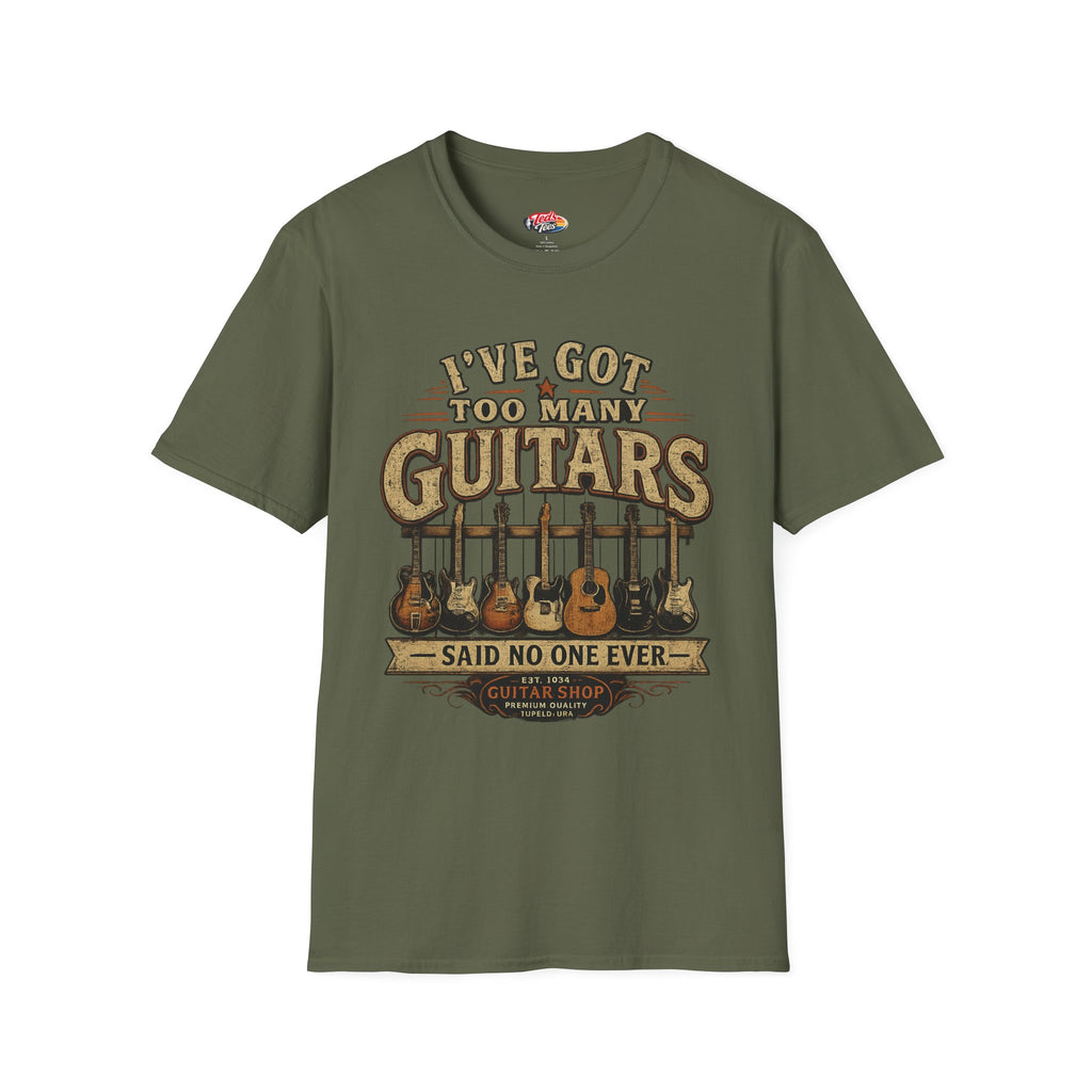 Guitar Lover T-Shirt — "I've Got Too Many Guitars" Vintage Music Tee