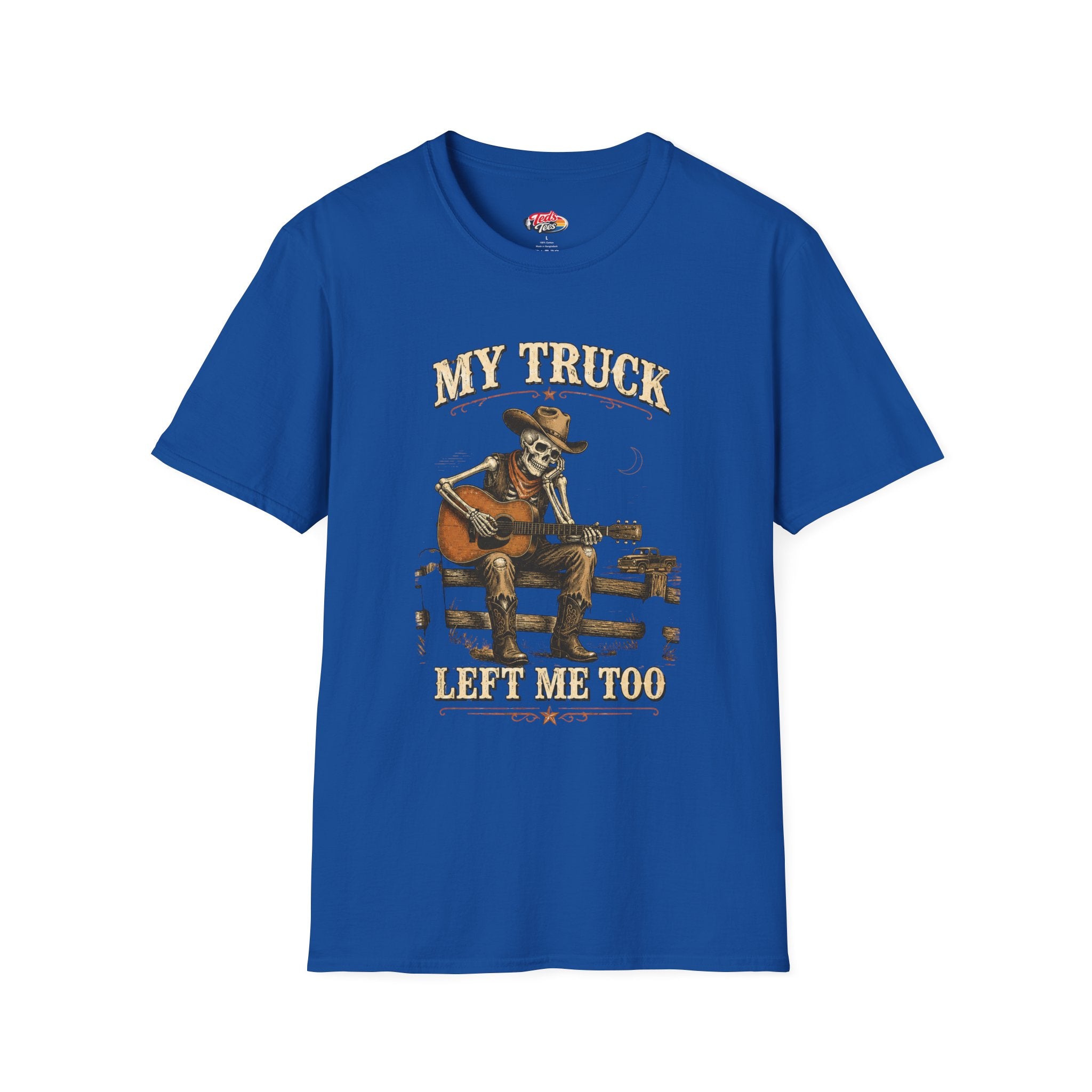 T-Shirt — “My Truck Left Me Too” Guitar Skeleton Retro Design