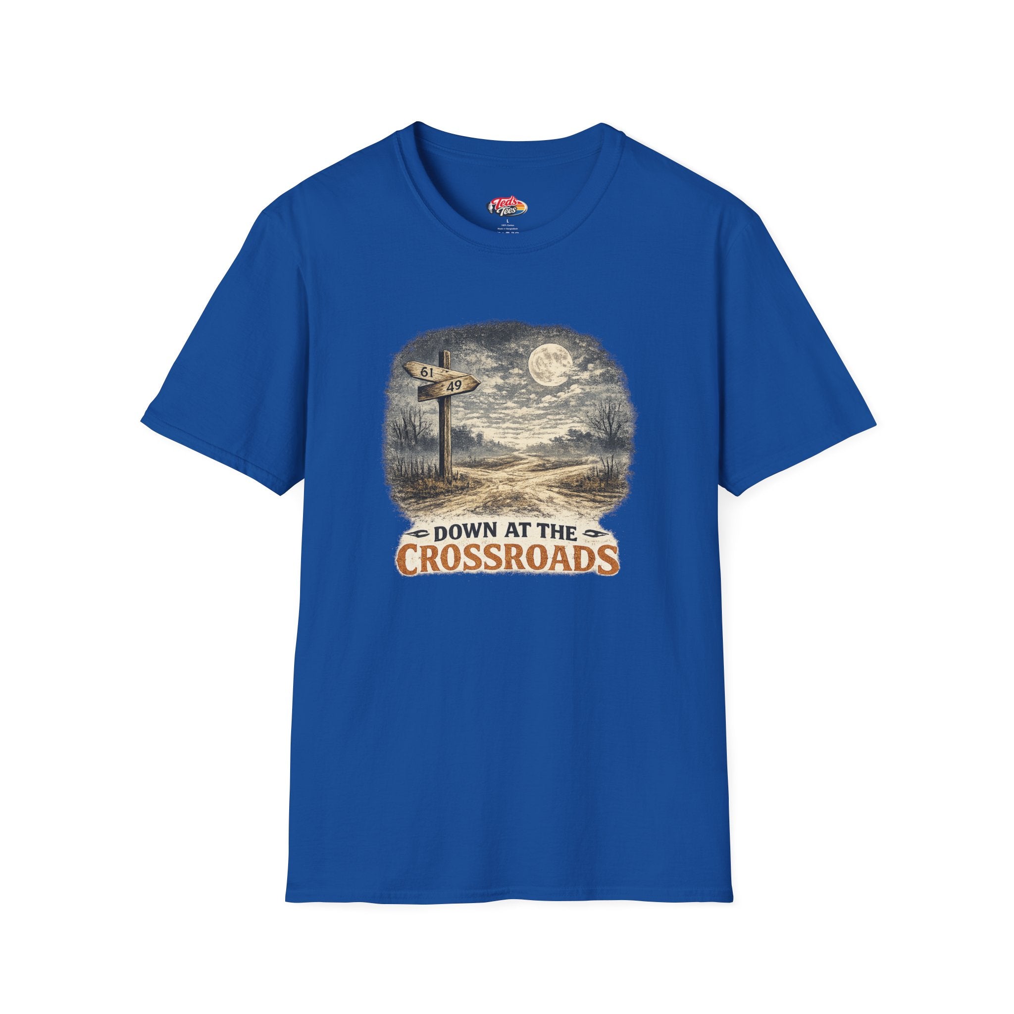 T-Shirt — "Down at the Crossroads" Vintage Moonlit Road Sign Graphic