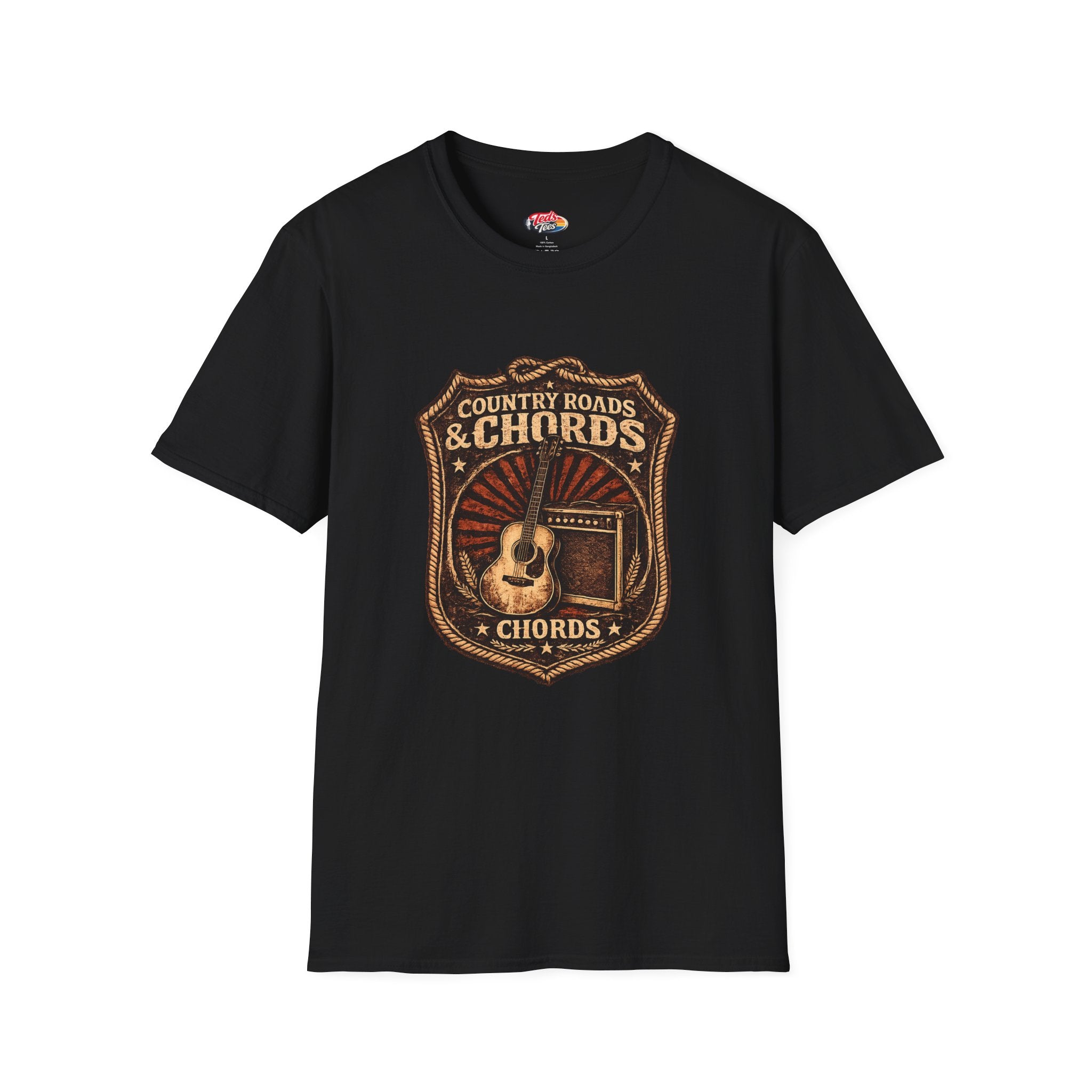 Country Roads & Chords T-Shirt — Vintage Acoustic Guitar Tee