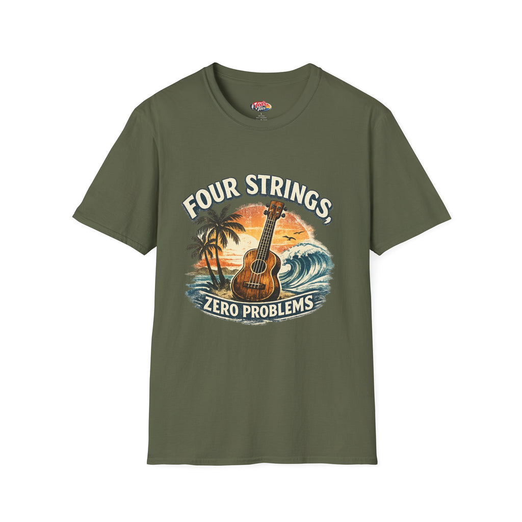 Ukulele T‑Shirt — "Four Strings, Zero Problems" Sunset Surf Graphic