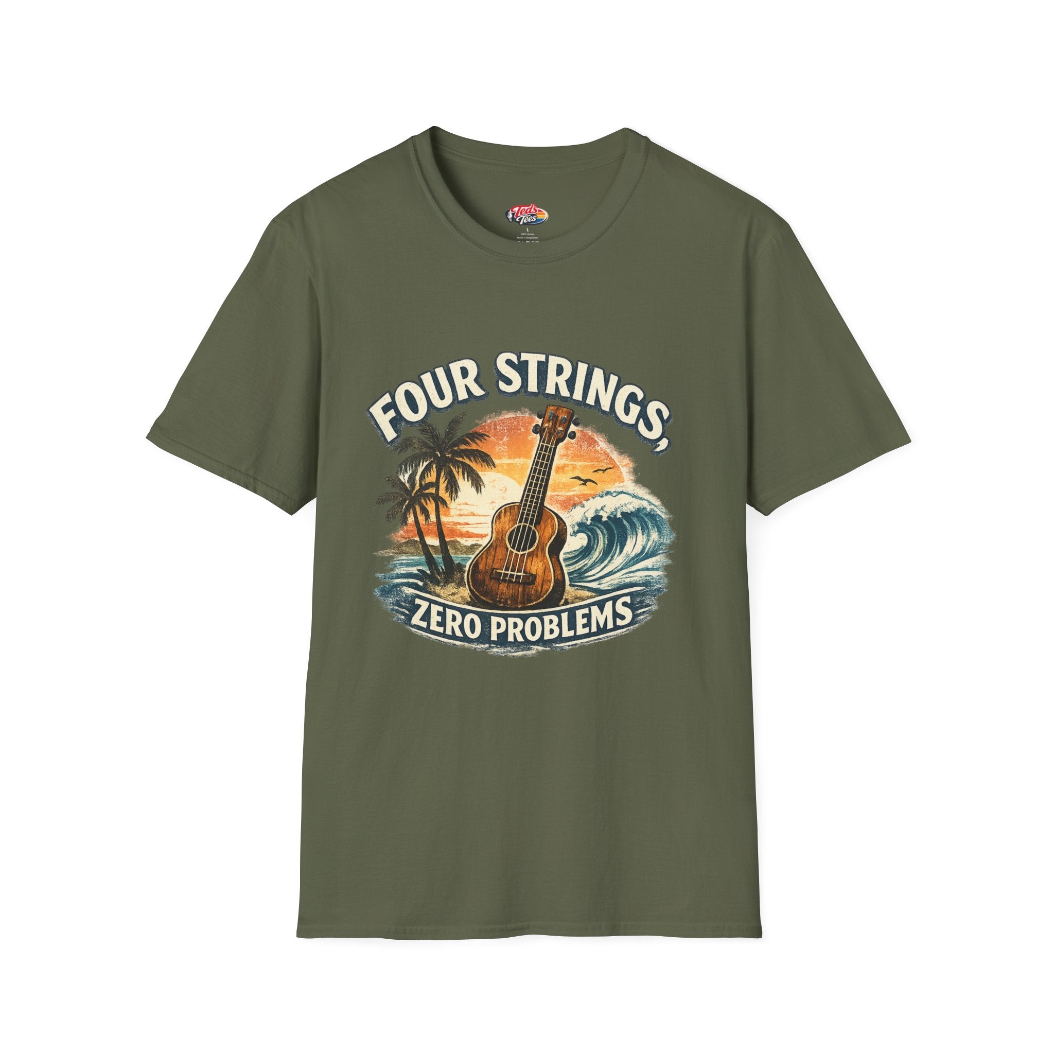 Ukulele T‑Shirt — "Four Strings, Zero Problems" Sunset Surf Graphic