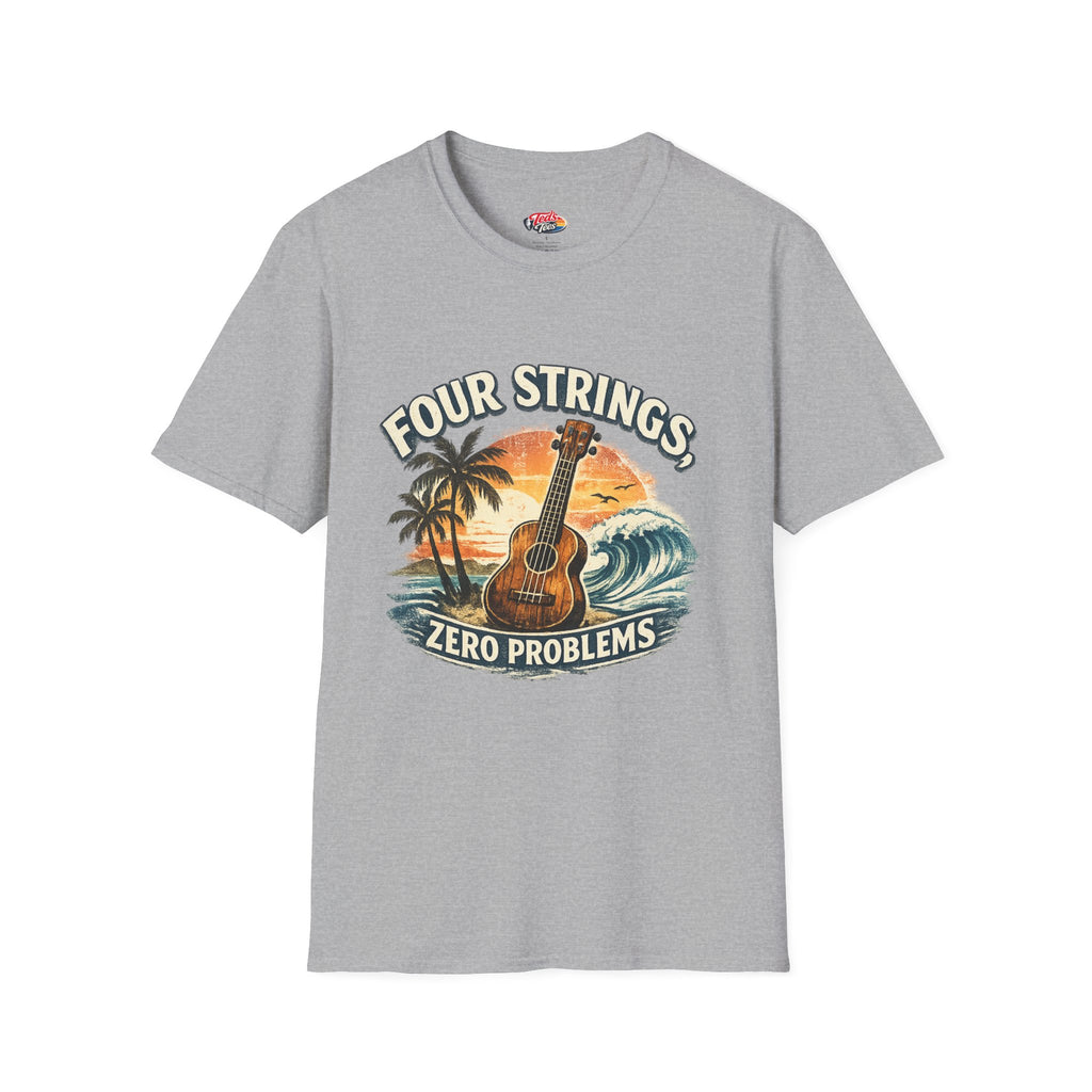 Ukulele T‑Shirt — "Four Strings, Zero Problems" Sunset Surf Graphic