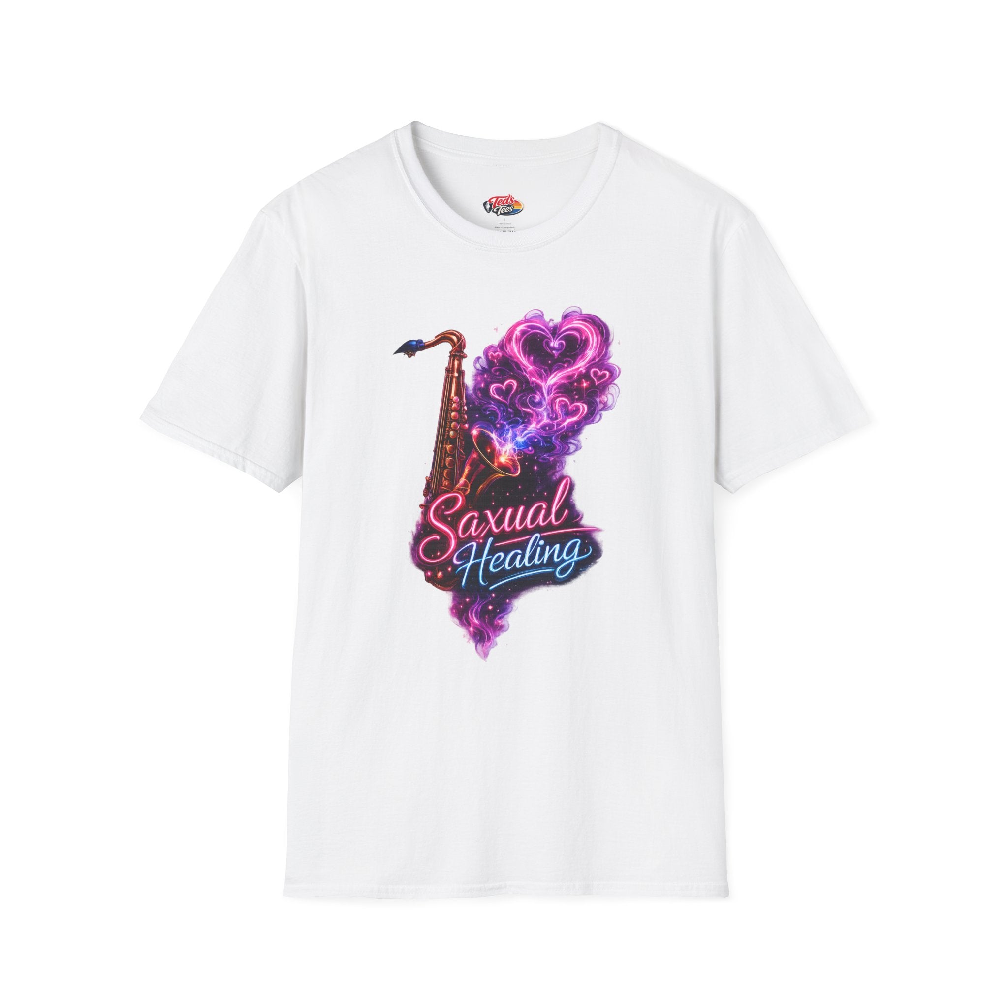 Saxual Healing T-Shirt — Neon Saxophone Heart Music Tee