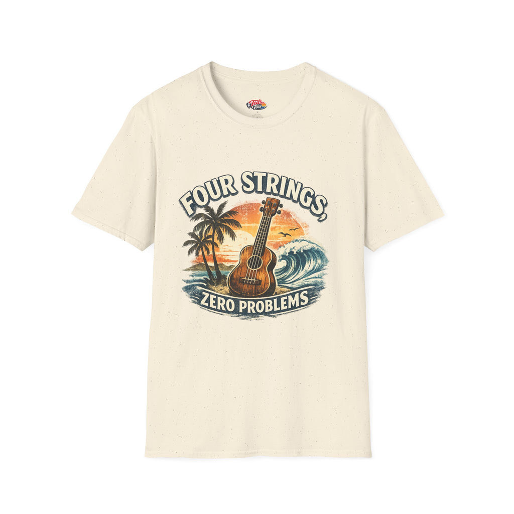 Ukulele T‑Shirt — "Four Strings, Zero Problems" Sunset Surf Graphic