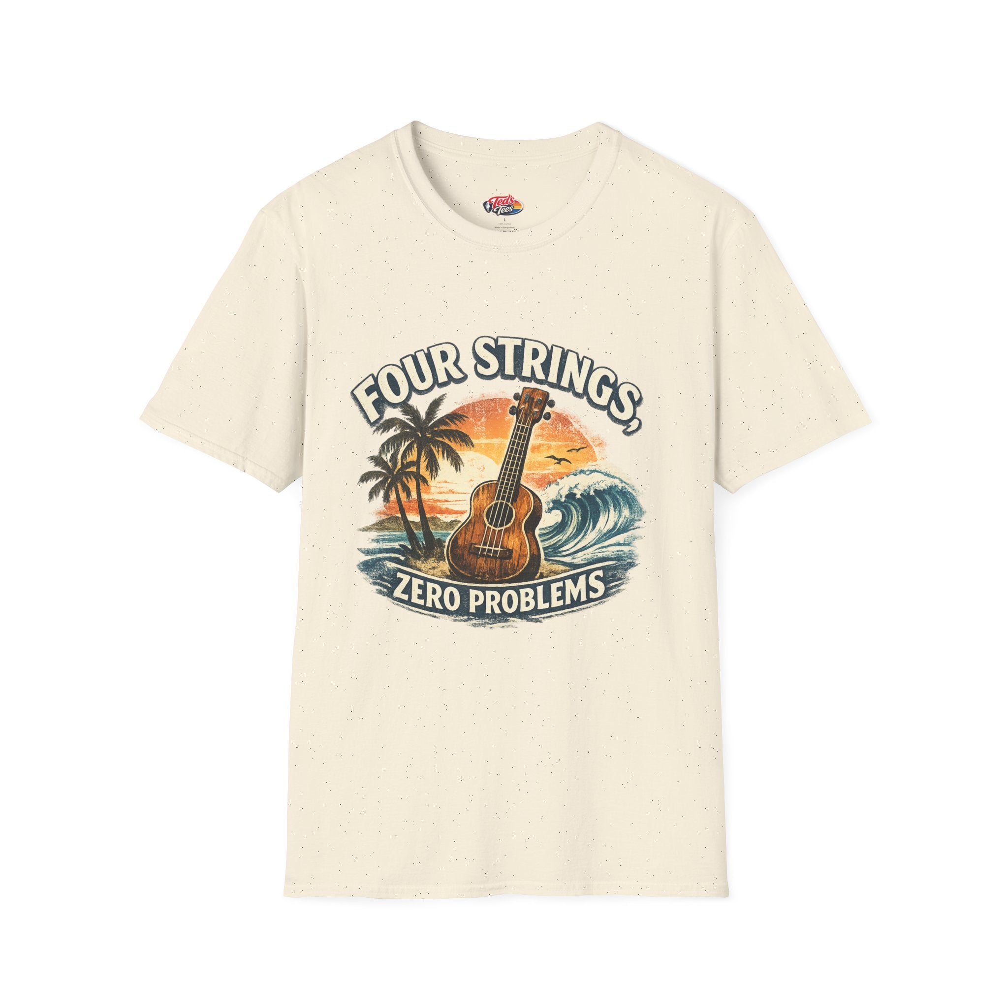 Ukulele T‑Shirt — "Four Strings, Zero Problems" Sunset Surf Graphic