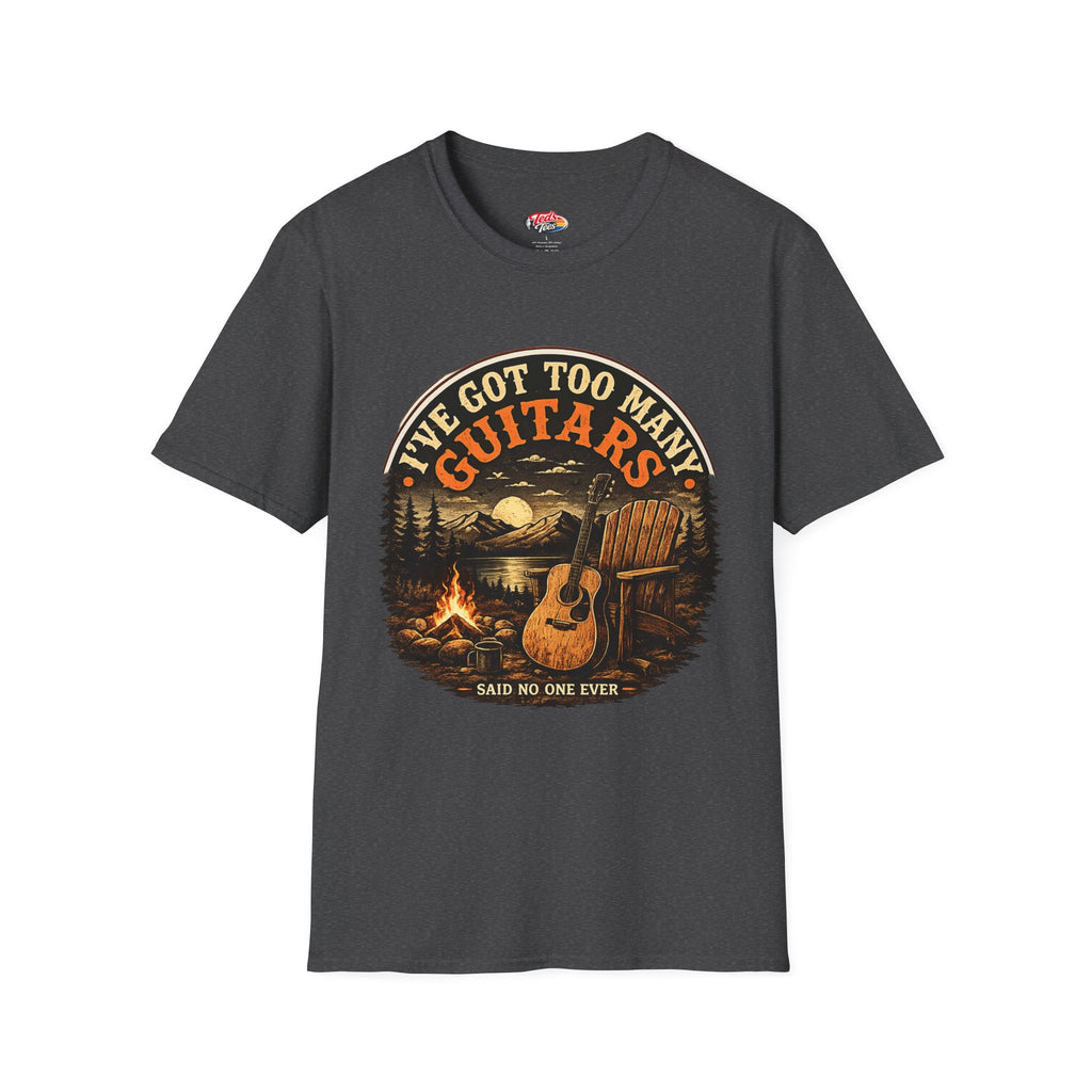 Guitar Lover T-Shirt — "I've Got Too Many Guitars" Vintage Campfire Design