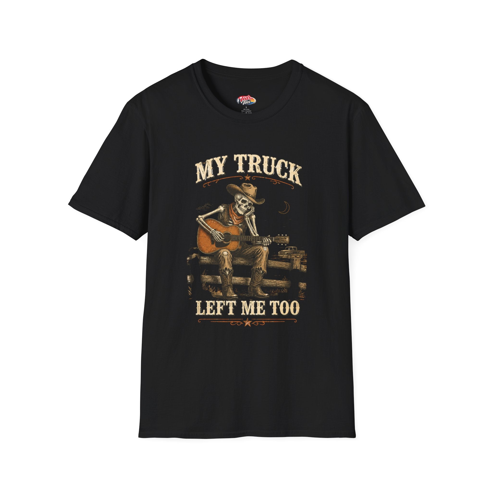 T-Shirt — “My Truck Left Me Too” Guitar Skeleton Retro Design