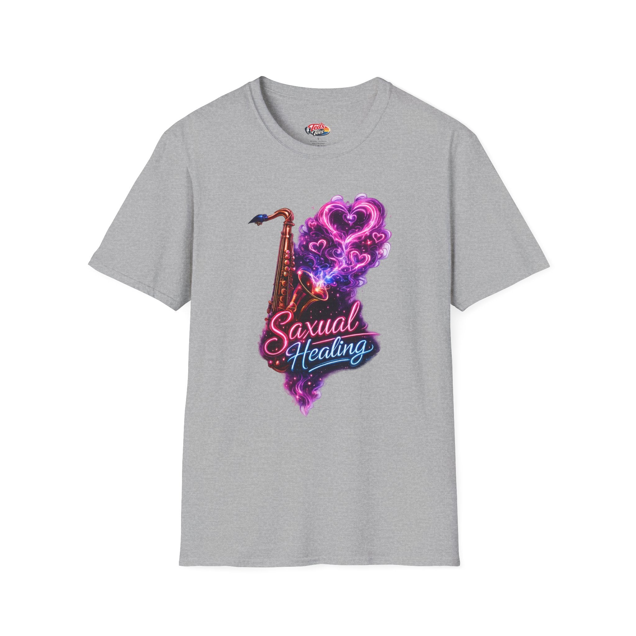 Saxual Healing T-Shirt — Neon Saxophone Heart Music Tee