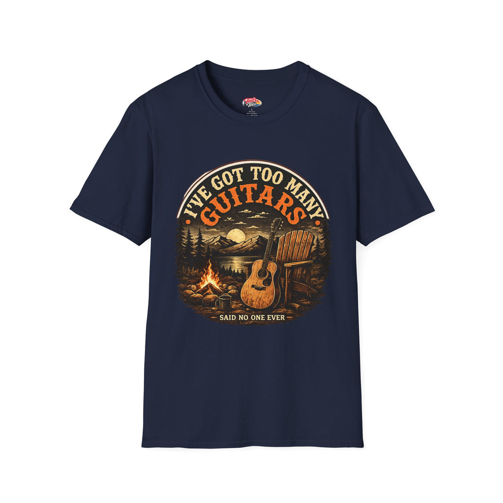 Guitar Lover T-Shirt — "I've Got Too Many Guitars" Vintage Campfire Design
