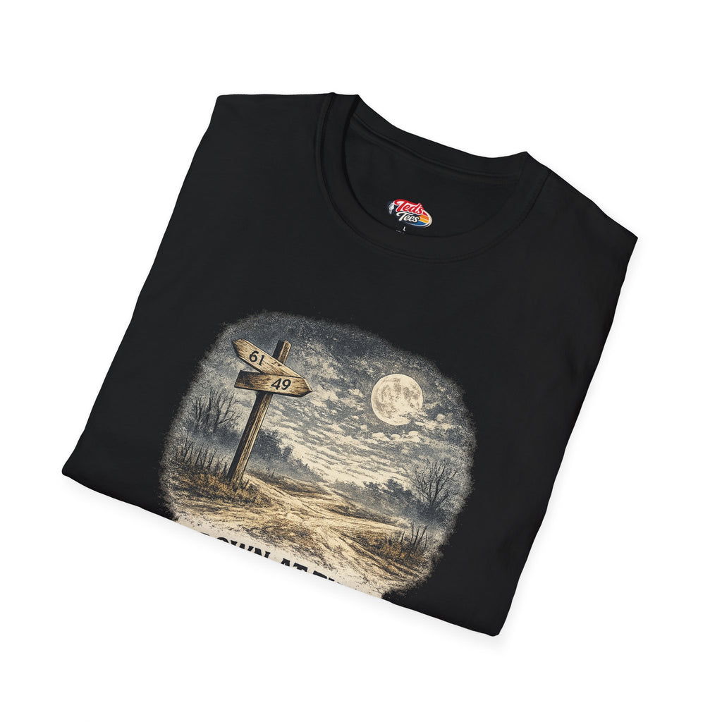T-Shirt — "Down at the Crossroads" Vintage Moonlit Road Sign Graphic