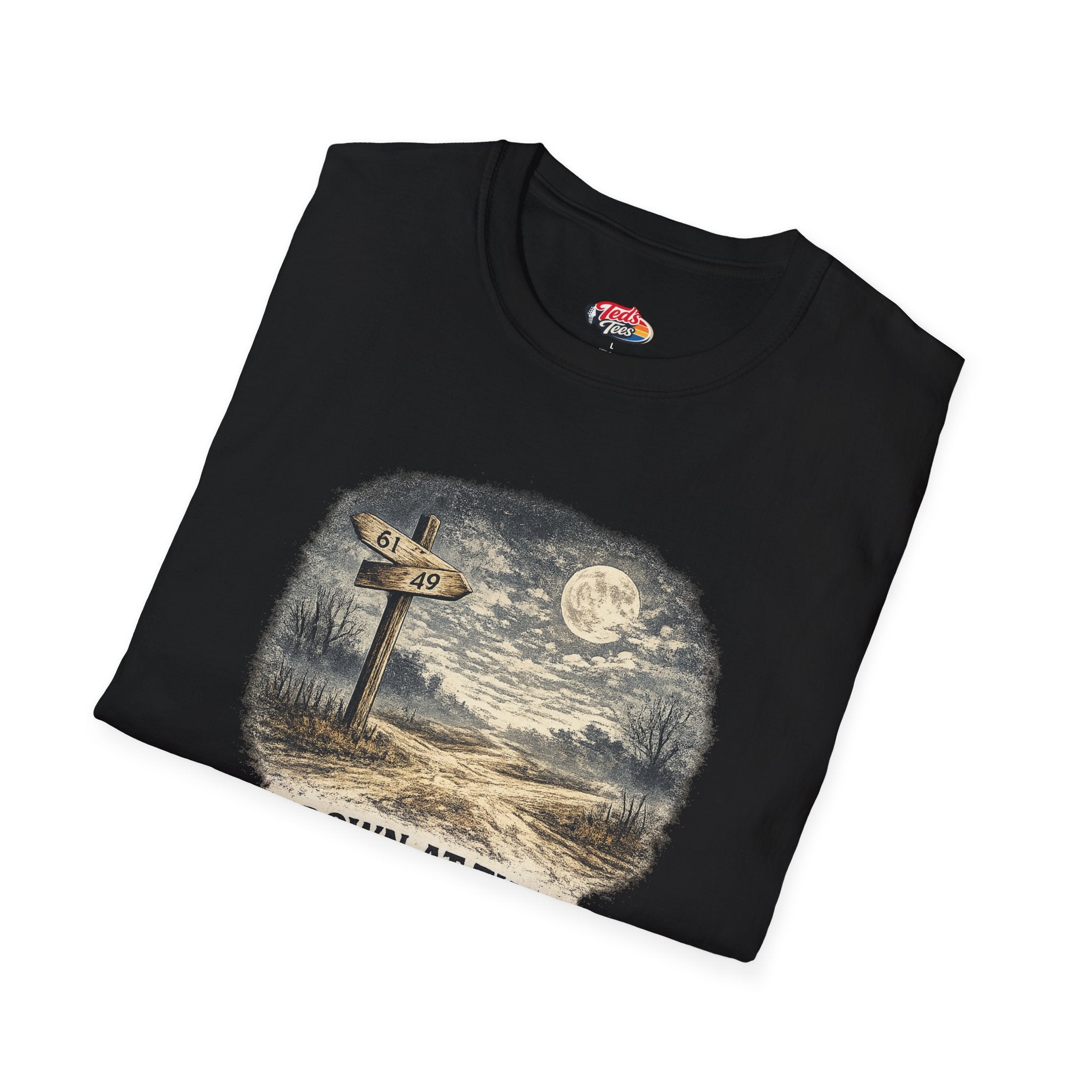 T-Shirt — "Down at the Crossroads" Vintage Moonlit Road Sign Graphic