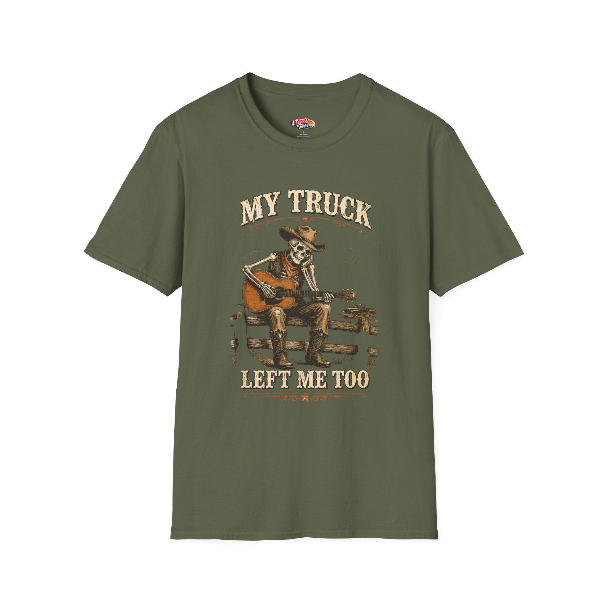 T-Shirt — “My Truck Left Me Too” Guitar Skeleton Retro Design
