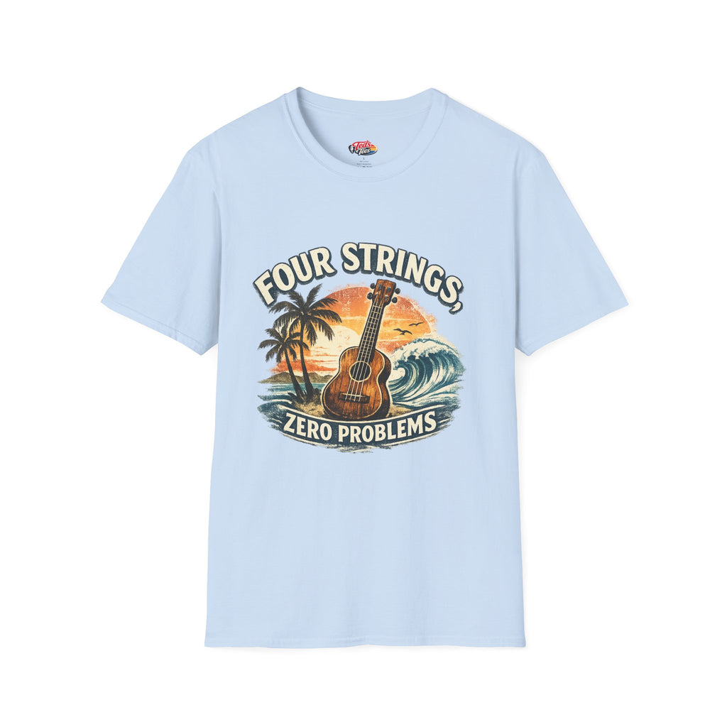 Ukulele T‑Shirt — "Four Strings, Zero Problems" Sunset Surf Graphic
