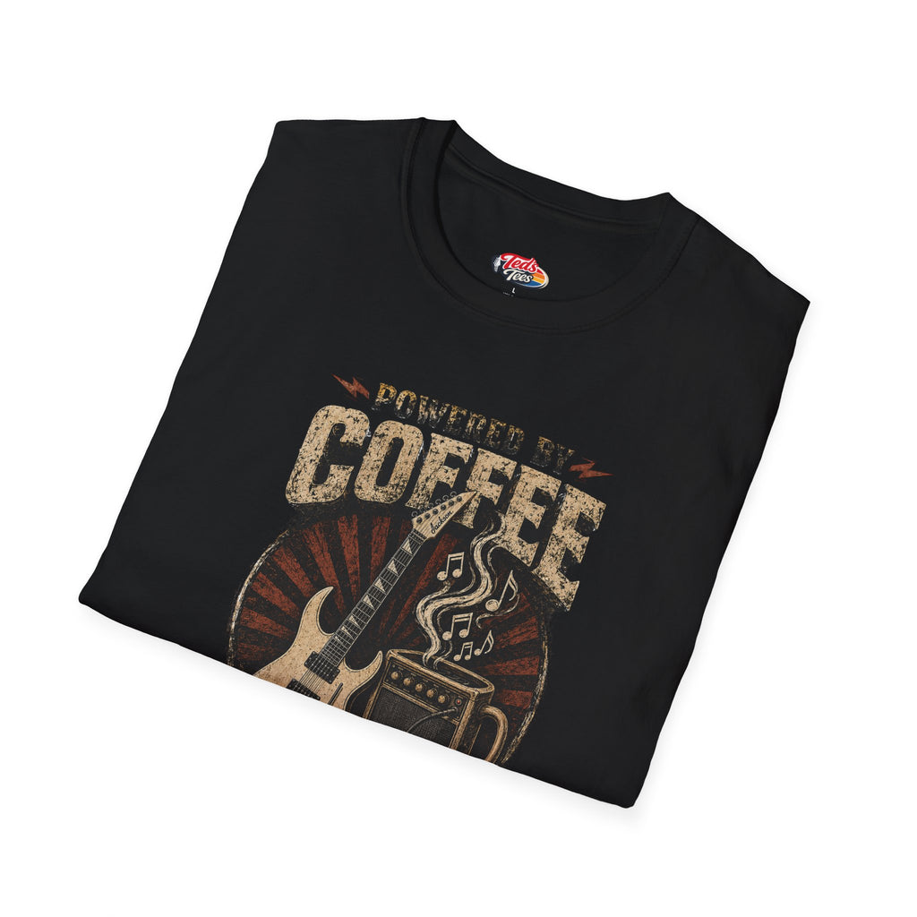 Coffee Powered Guitar T-Shirt — "Powered by Coffee, Chaos & Questionable Chord Choices"