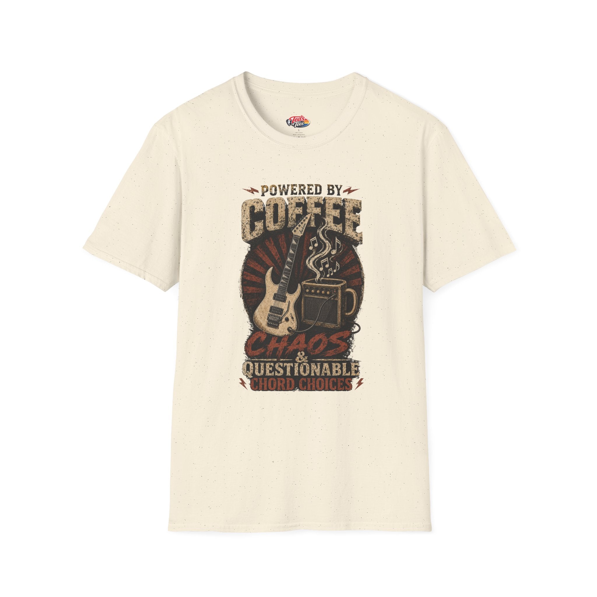 Coffee Powered Guitar T-Shirt — "Powered by Coffee, Chaos & Questionable Chord Choices"
