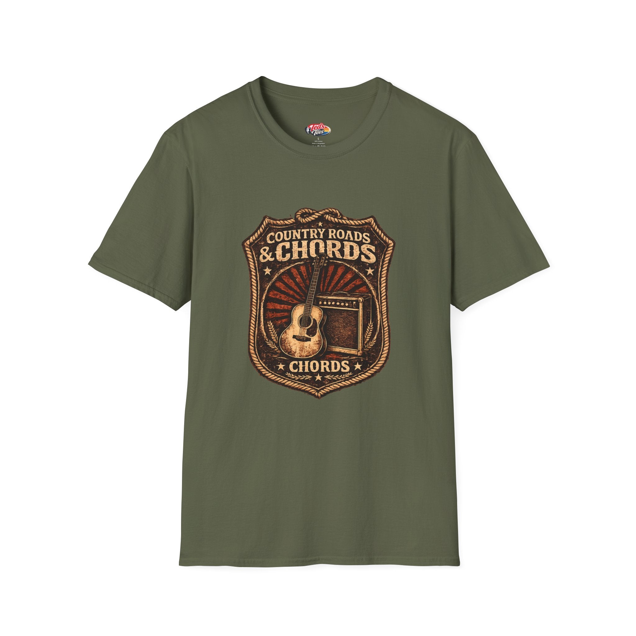 Country Roads & Chords T-Shirt — Vintage Acoustic Guitar Tee