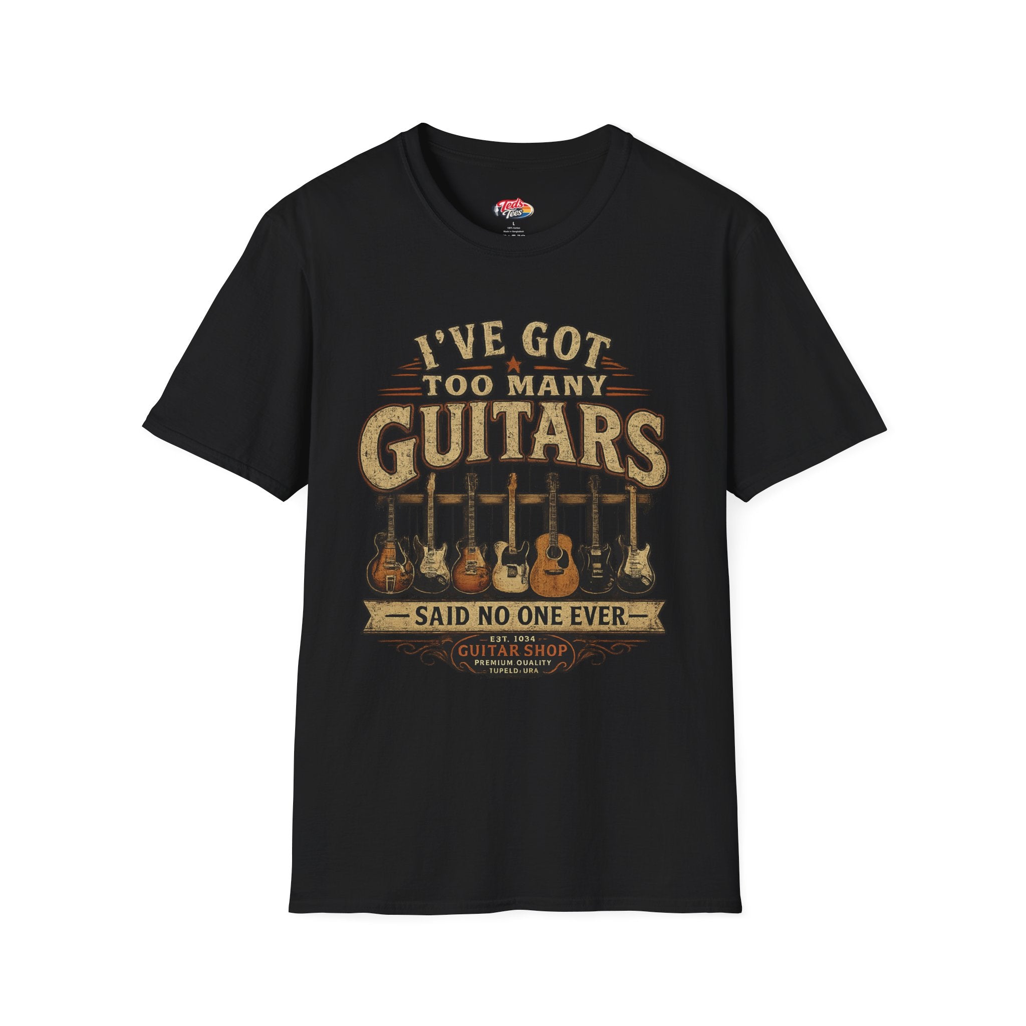 Guitar Lover T-Shirt — "I've Got Too Many Guitars" Vintage Music Tee