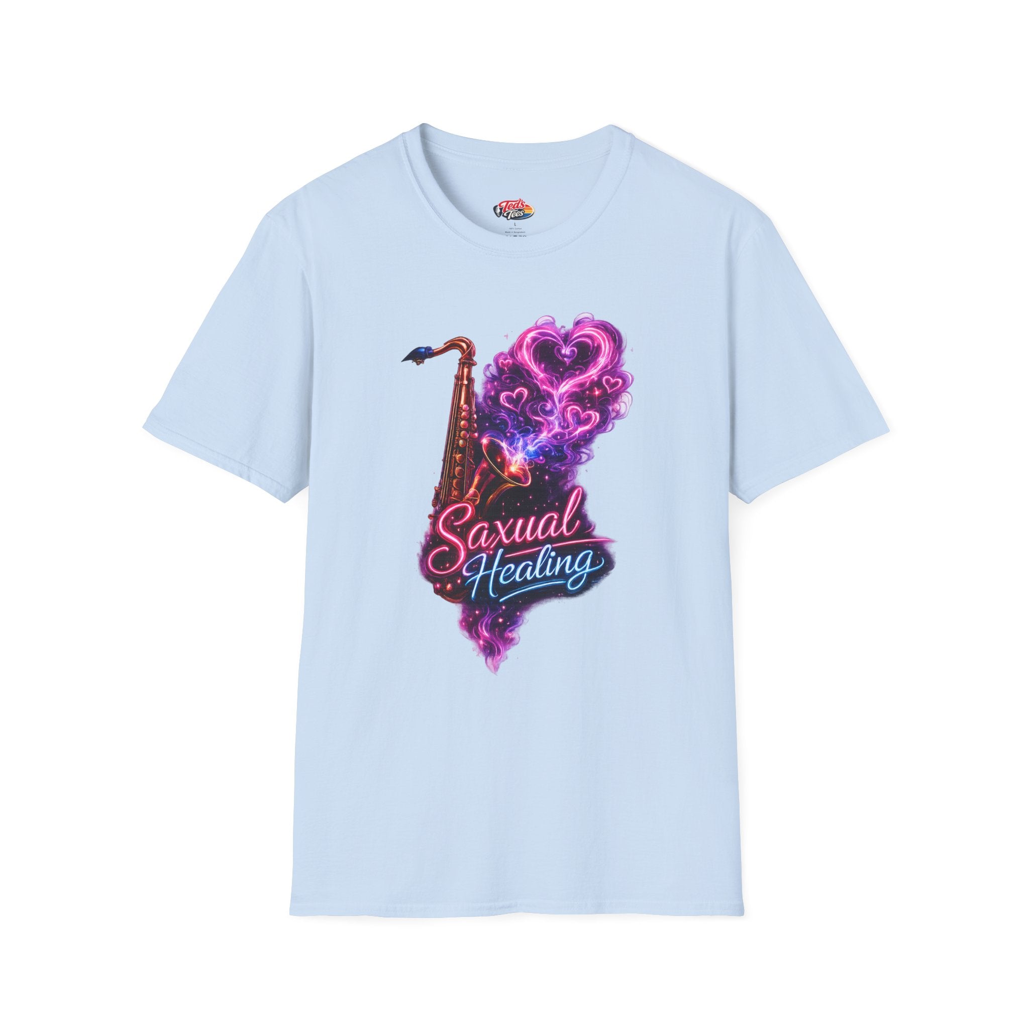 Saxual Healing T-Shirt — Neon Saxophone Heart Music Tee