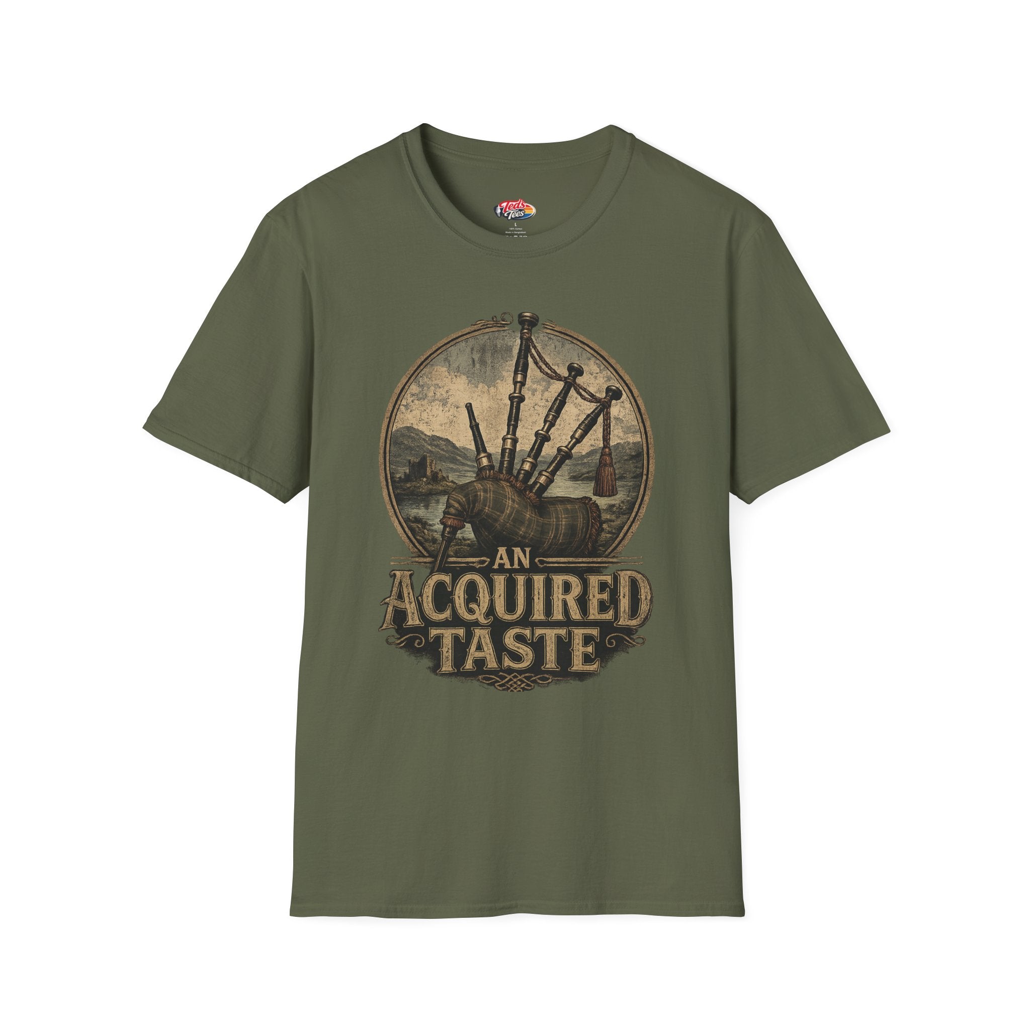 Bagpipes Vintage Graphic Tee — “An Acquired Taste” Scottish Music T-Shirt