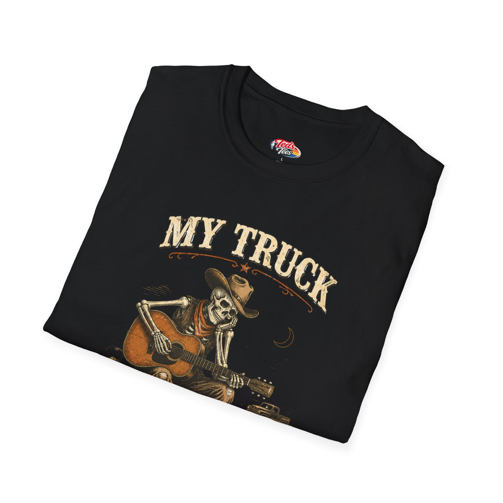 T-Shirt — “My Truck Left Me Too” Guitar Skeleton Retro Design