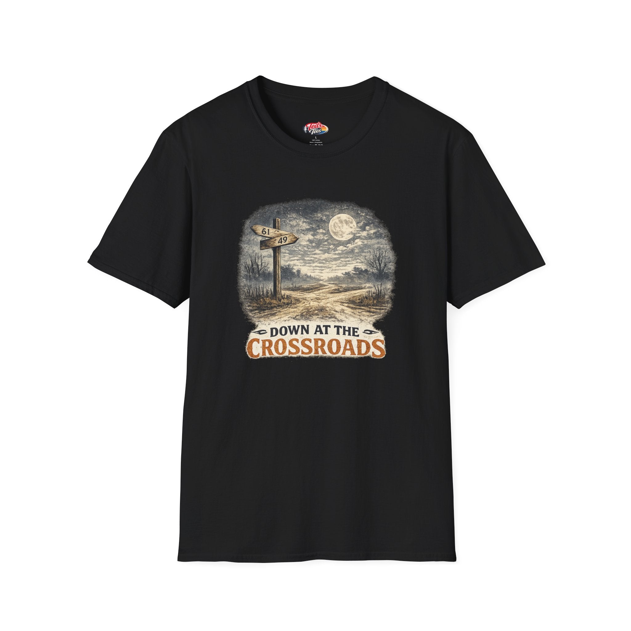 T-Shirt — "Down at the Crossroads" Vintage Moonlit Road Sign Graphic