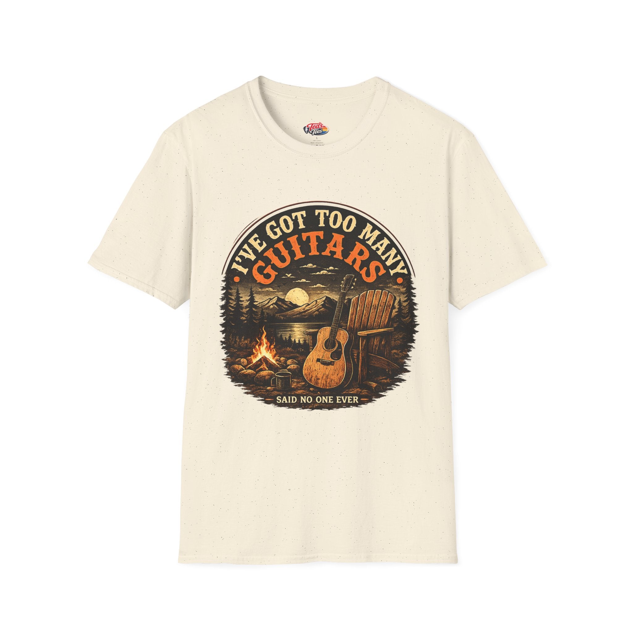 Guitar Lover T-Shirt — "I've Got Too Many Guitars" Vintage Campfire Design