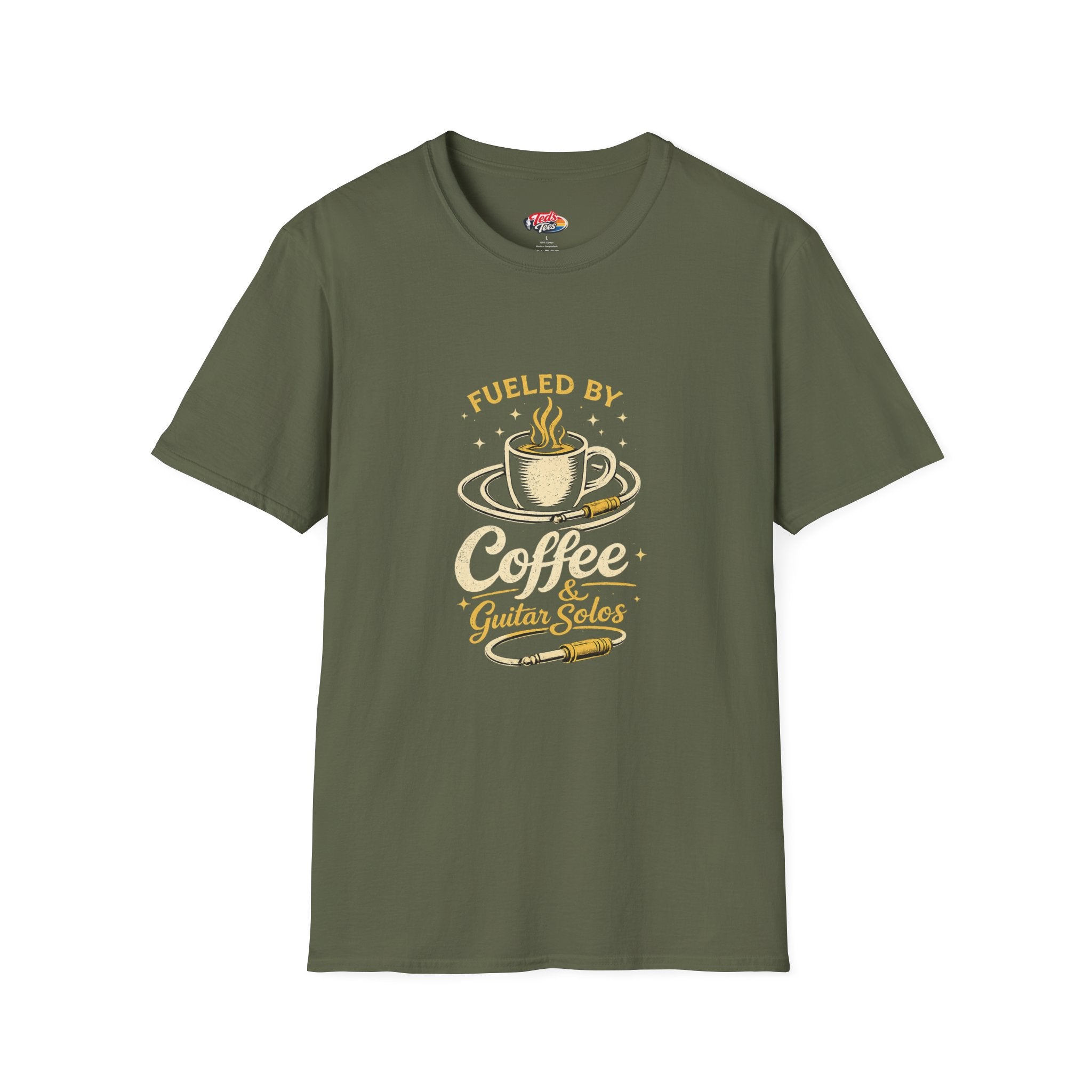 Coffee & Guitar Solos T-Shirt — Fueled By Coffee Graphic Tee for Musicians