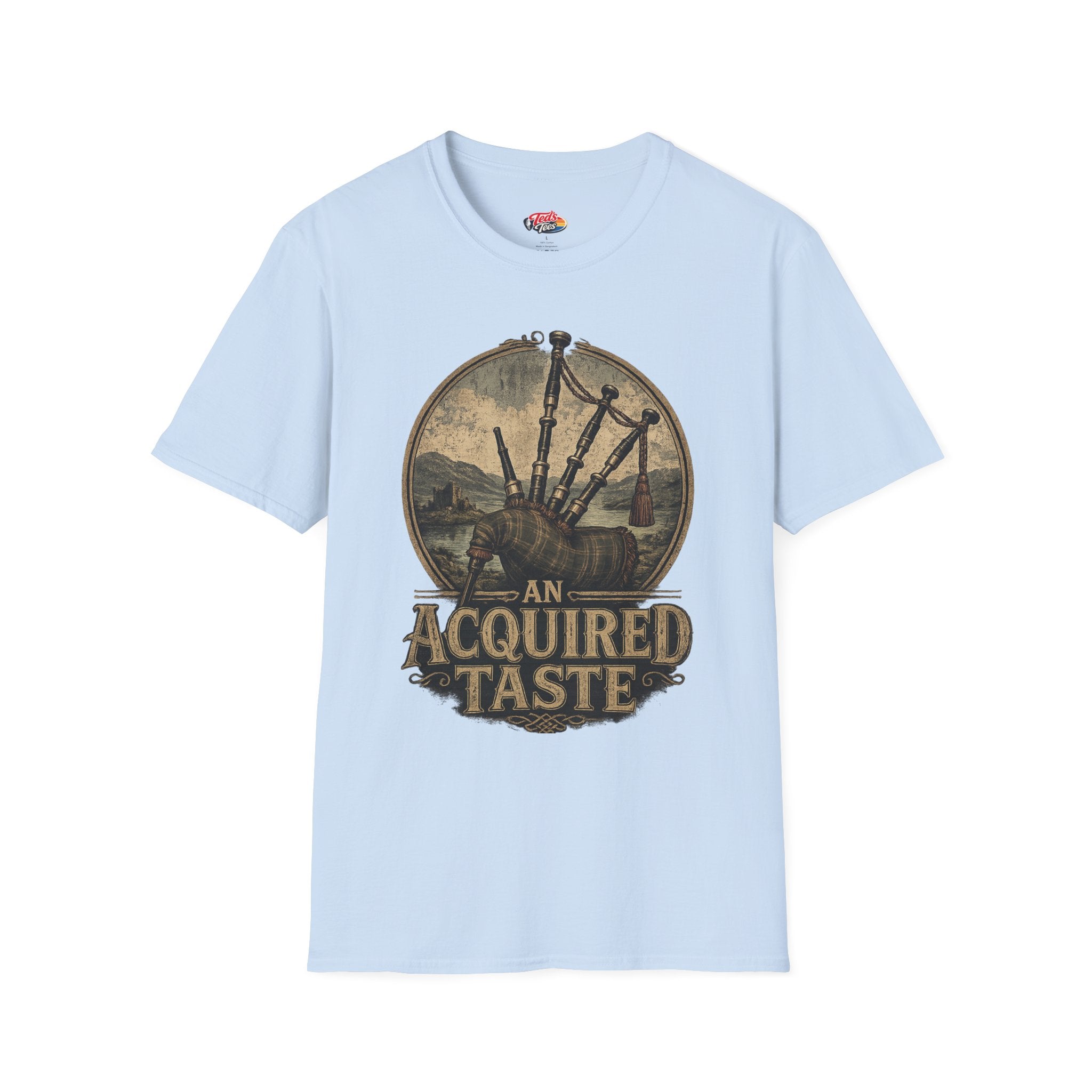 Bagpipes Vintage Graphic Tee — “An Acquired Taste” Scottish Music T-Shirt