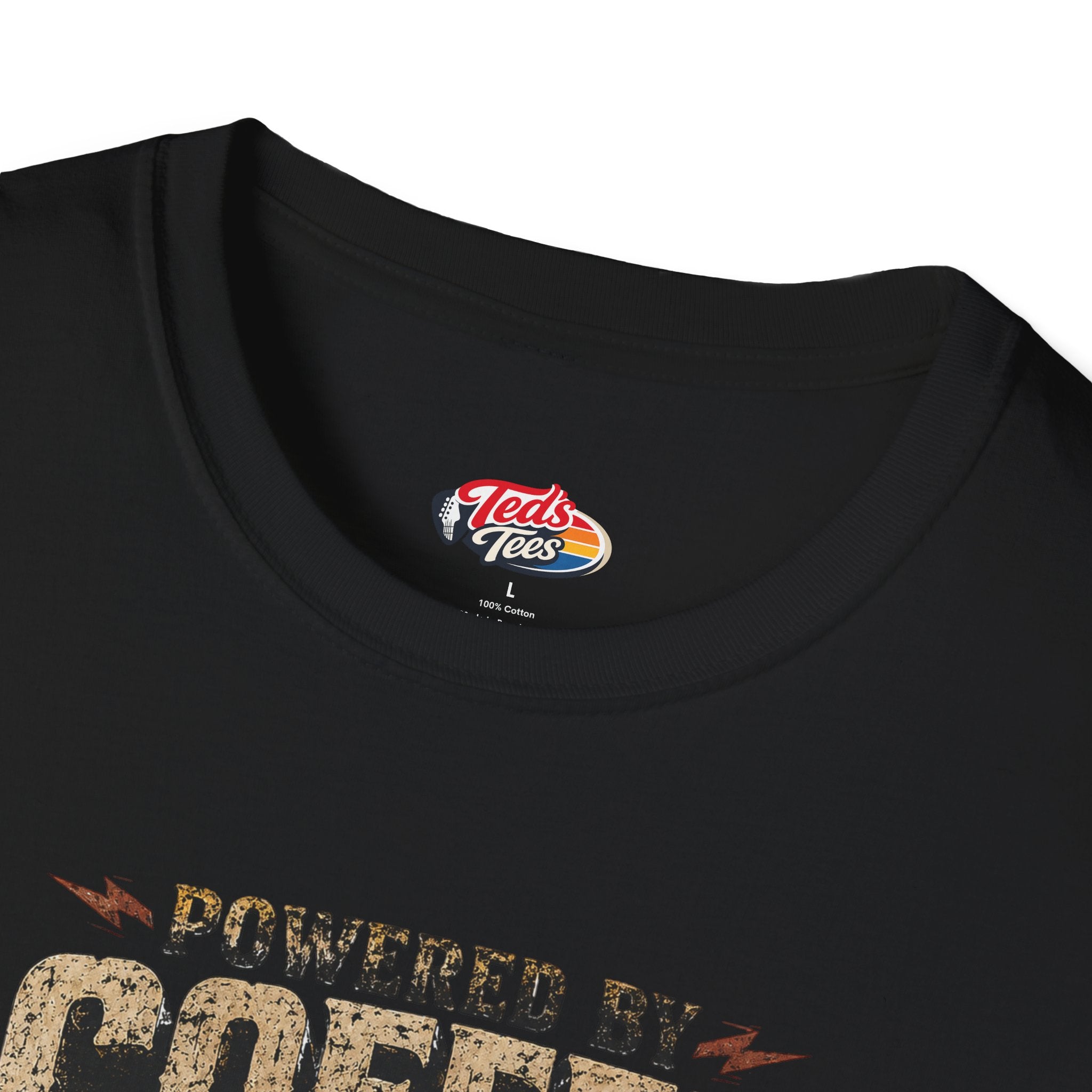 Coffee Powered Guitar T-Shirt — "Powered by Coffee, Chaos & Questionable Chord Choices"