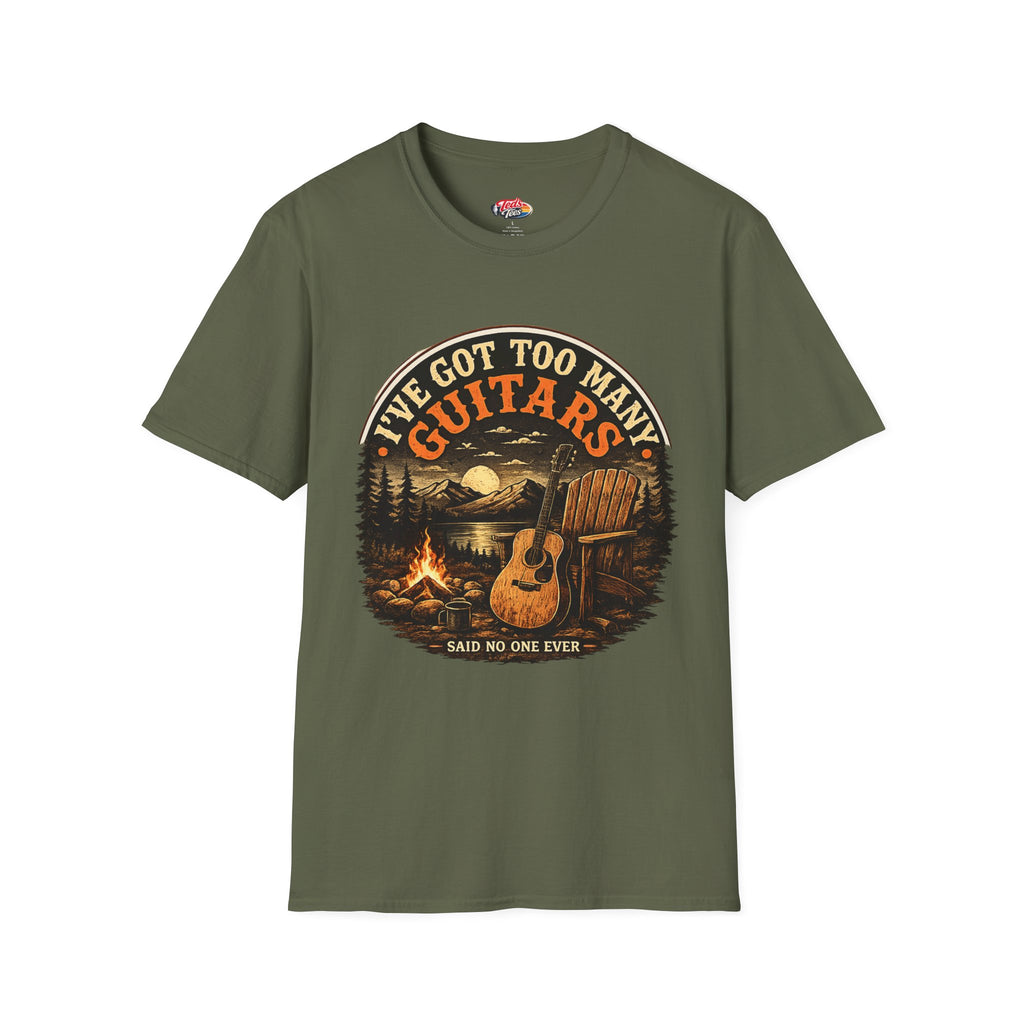 Guitar Lover T-Shirt — "I've Got Too Many Guitars" Vintage Campfire Design