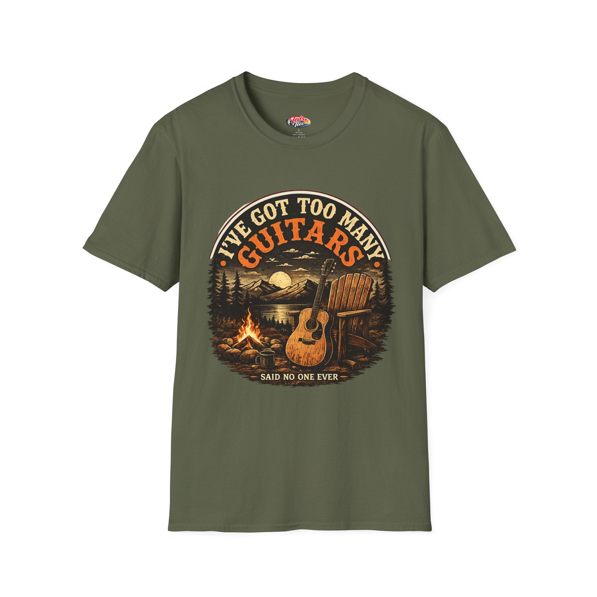 Guitar Lover T-Shirt — "I've Got Too Many Guitars" Vintage Campfire Design