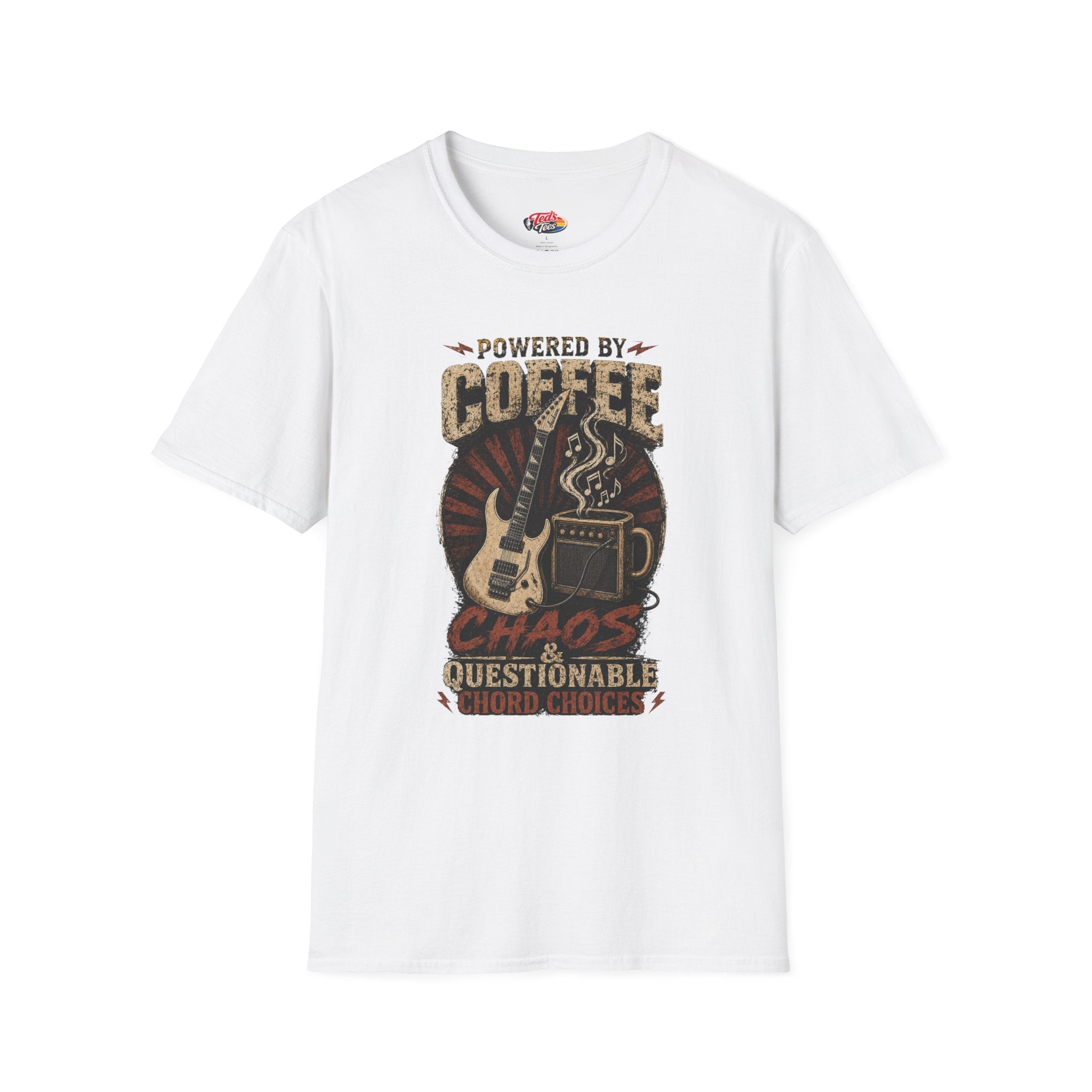 Coffee Powered Guitar T-Shirt — "Powered by Coffee, Chaos & Questionable Chord Choices"