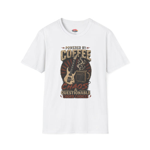 Coffee Powered Guitar T-Shirt — "Powered by Coffee, Chaos & Questionable Chord Choices"